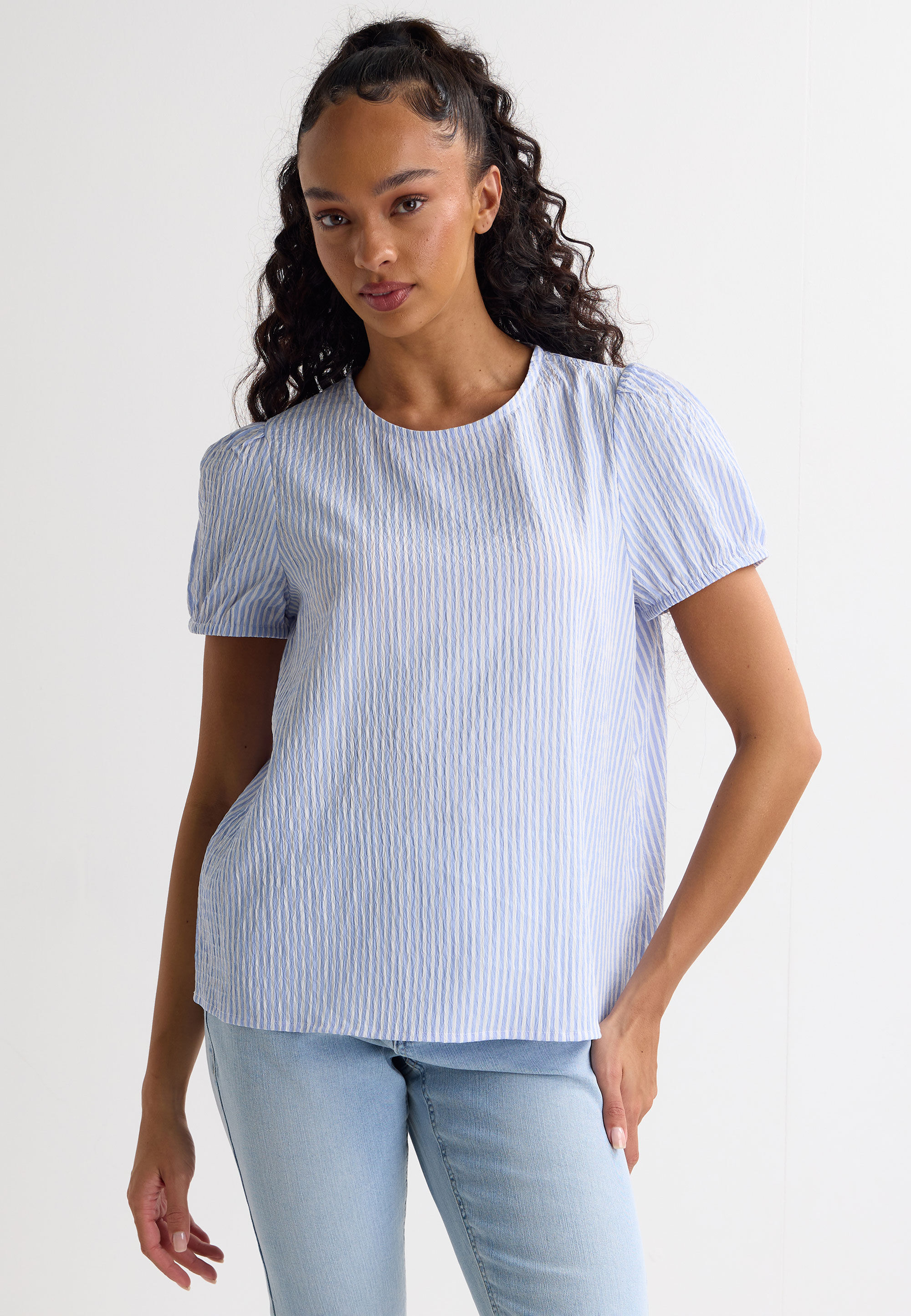 Womens Blue Stripe Print Textured Top