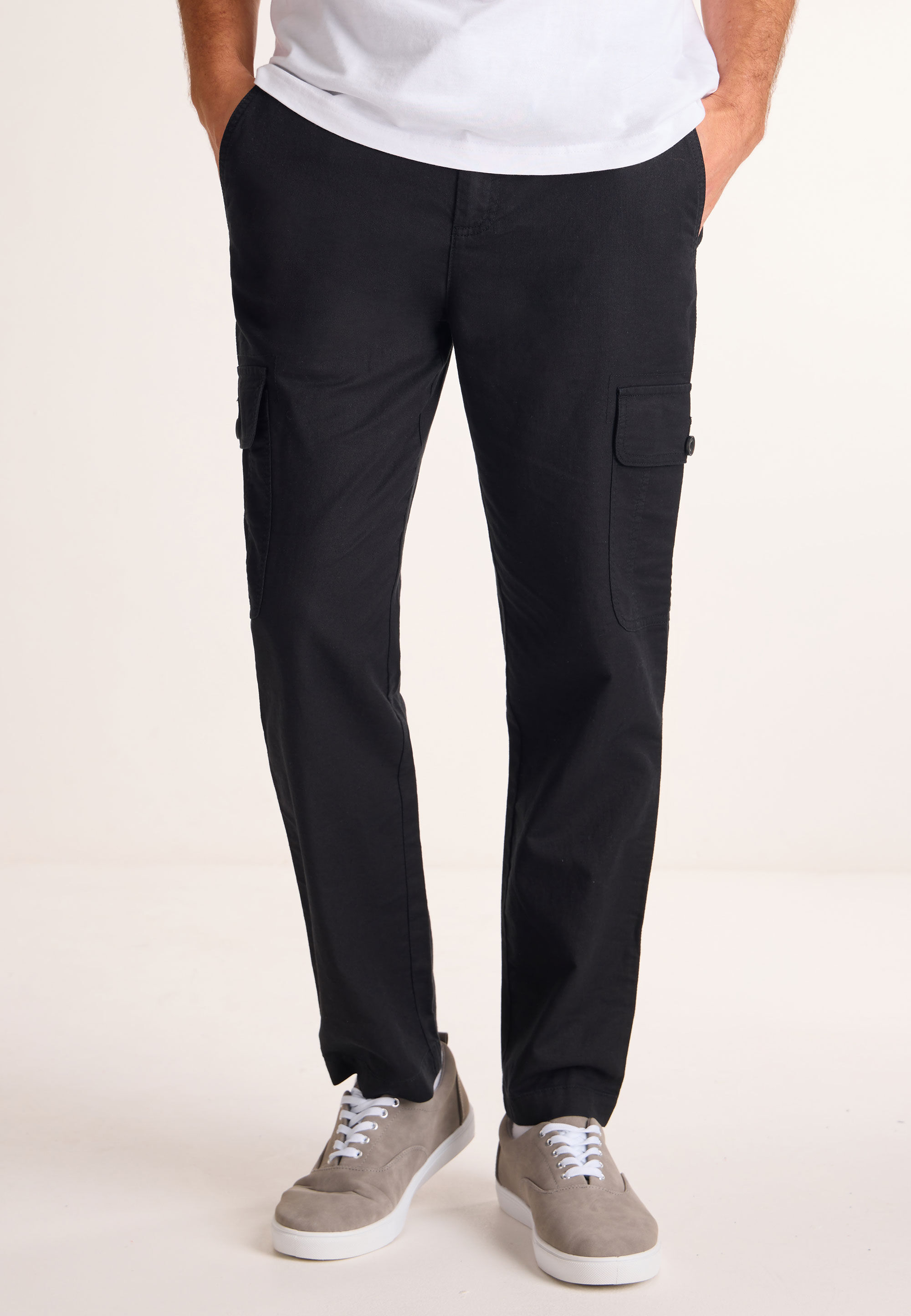 Mens Black Linen Mix Cargo Trousers