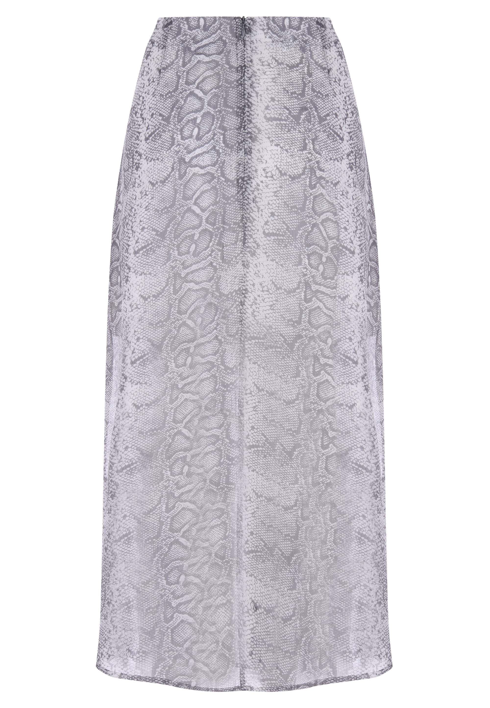 Womens Grey Snake Print Ruffle Sheer Midi Skirt