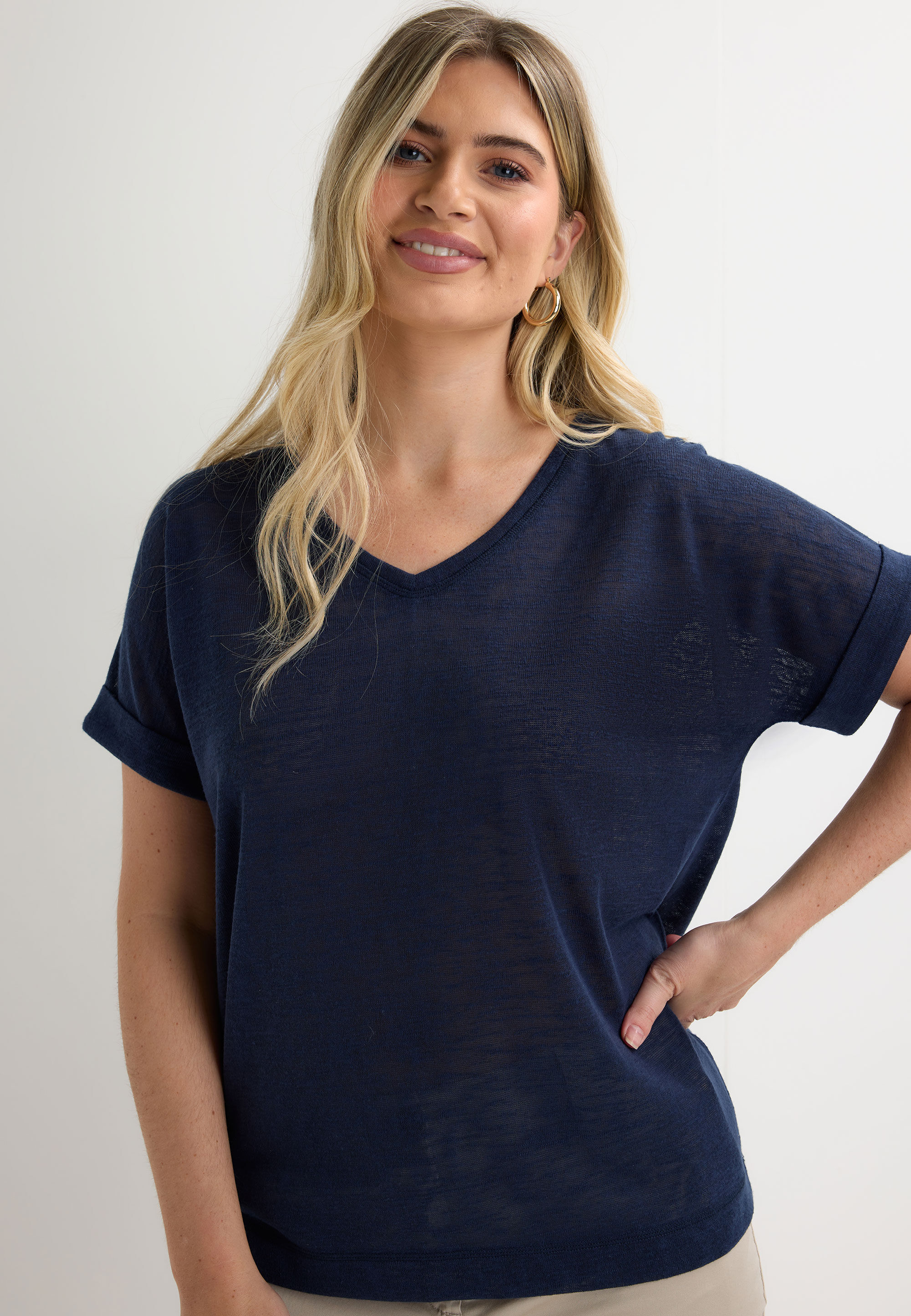 Womens Navy Plain Linen V-Neck Top