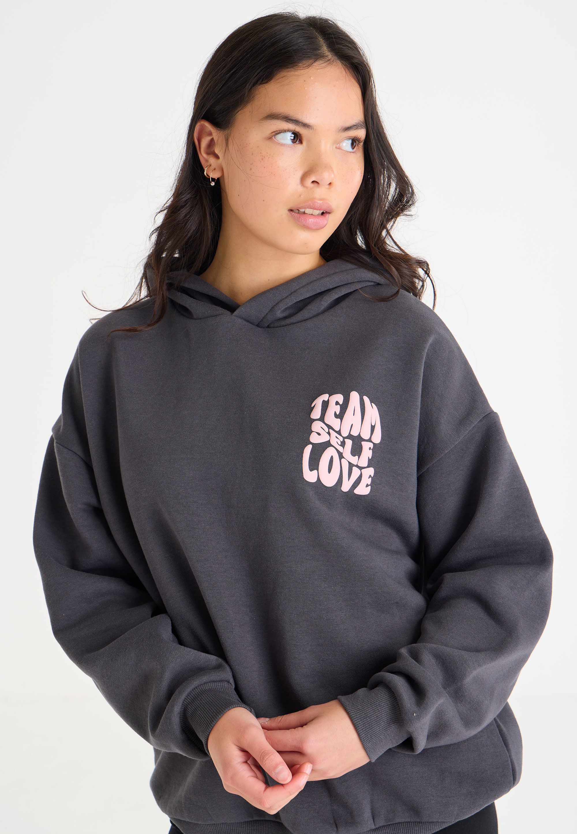 Older Girls Charcoal & Pink Oversized Slogan Hoody