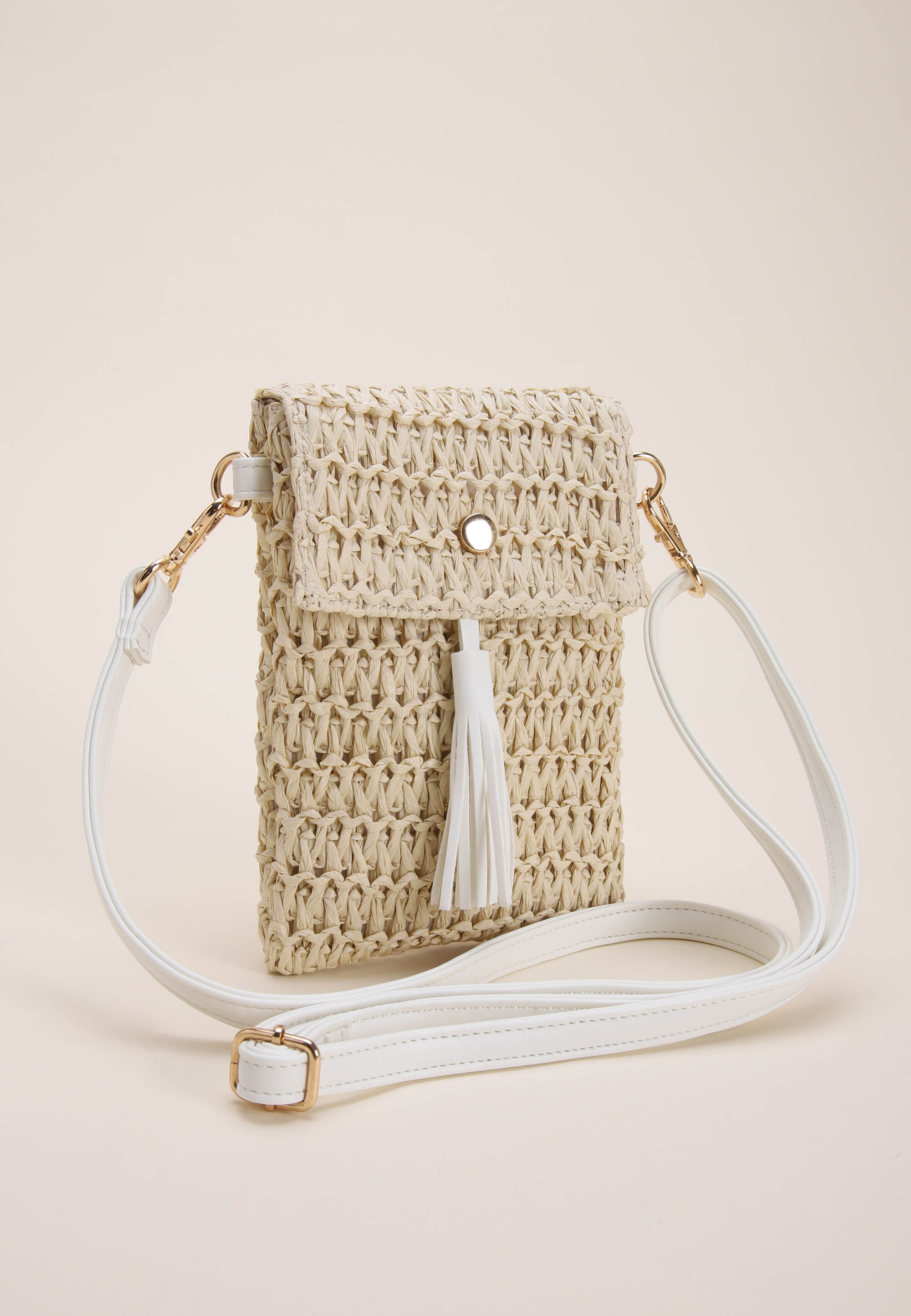 Womens Natural Woven Straw Cross Body Phone Holder