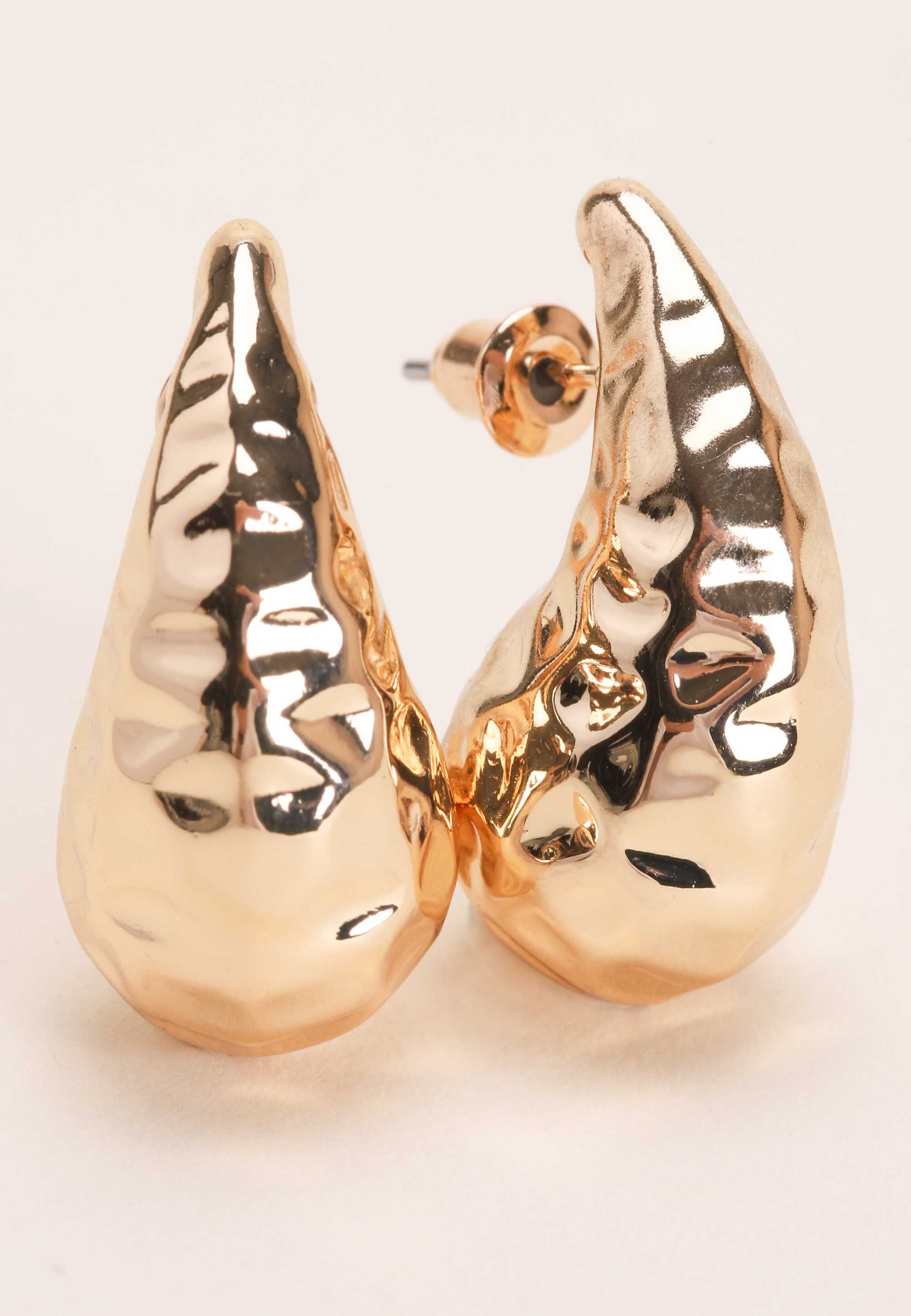Womens Gold Battered Teardrop Earrings