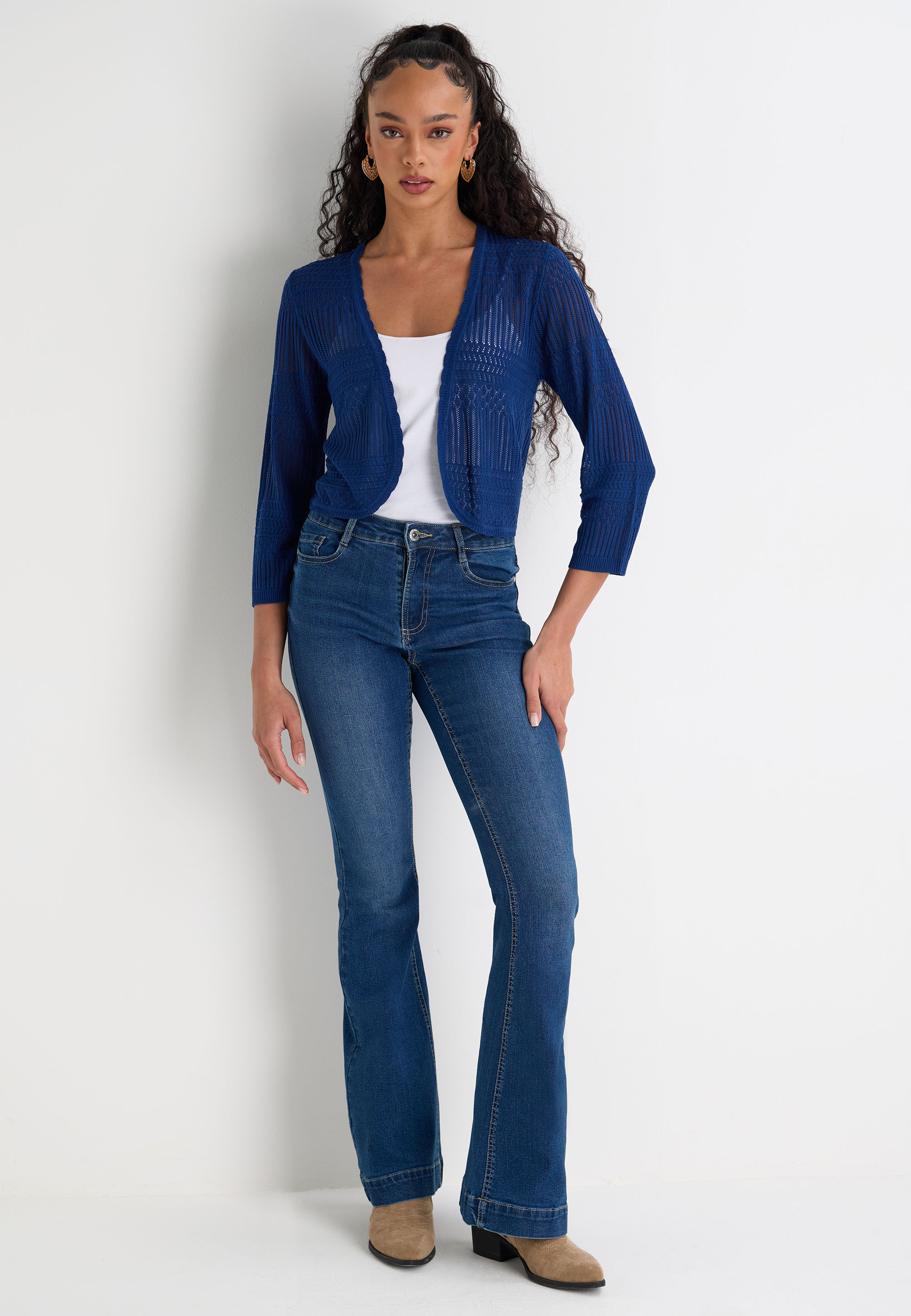 Womens Navy Pointelle Curve Hem Cardigan