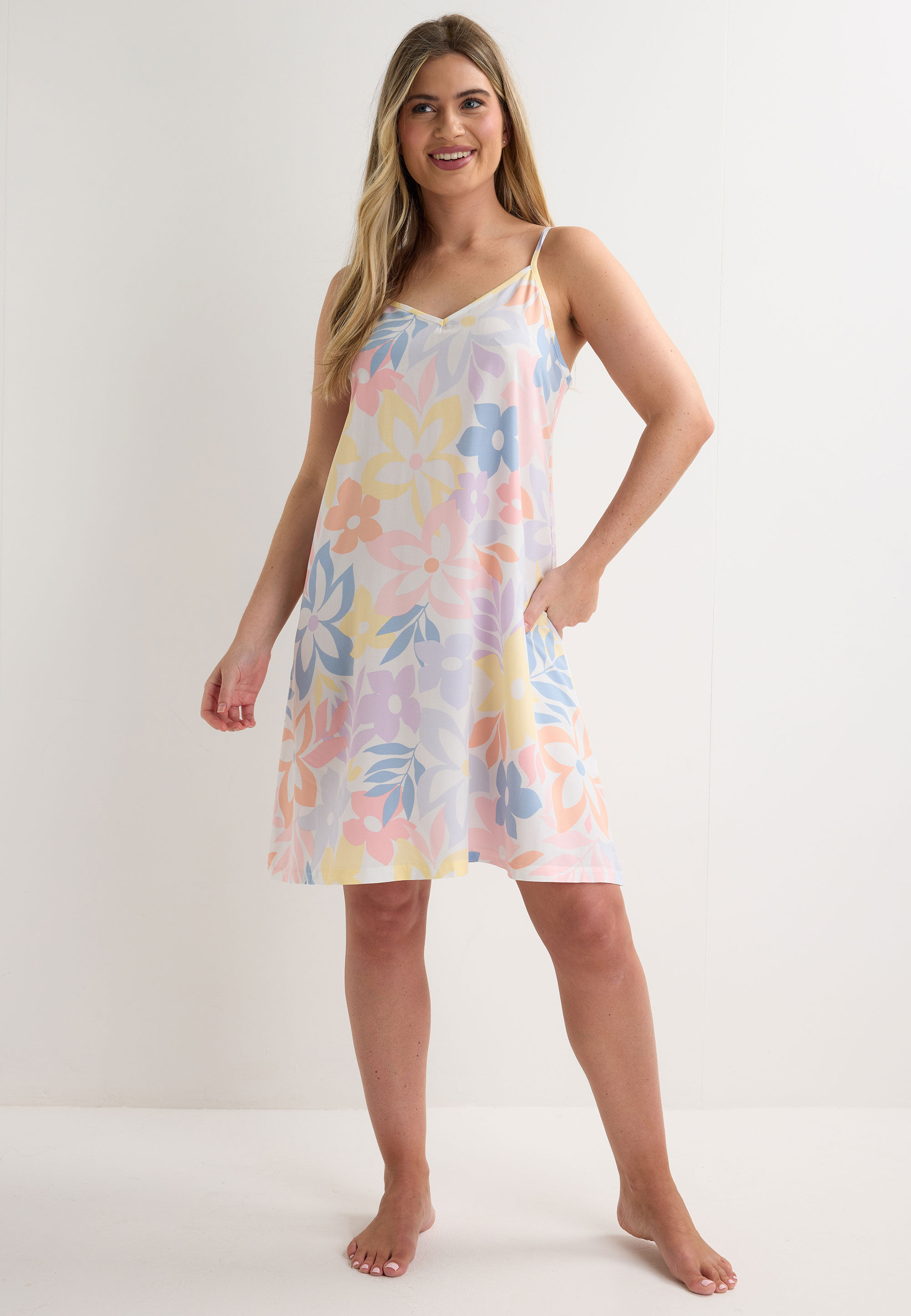 Womens Pink Woven Floral Print Chemise Nightdress