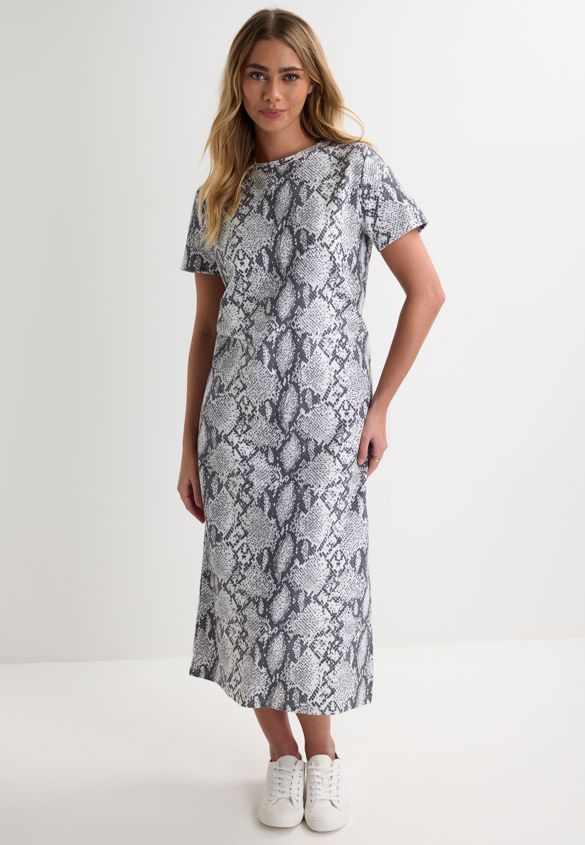 Womens Grey Snake Print Sweat Midi Dress