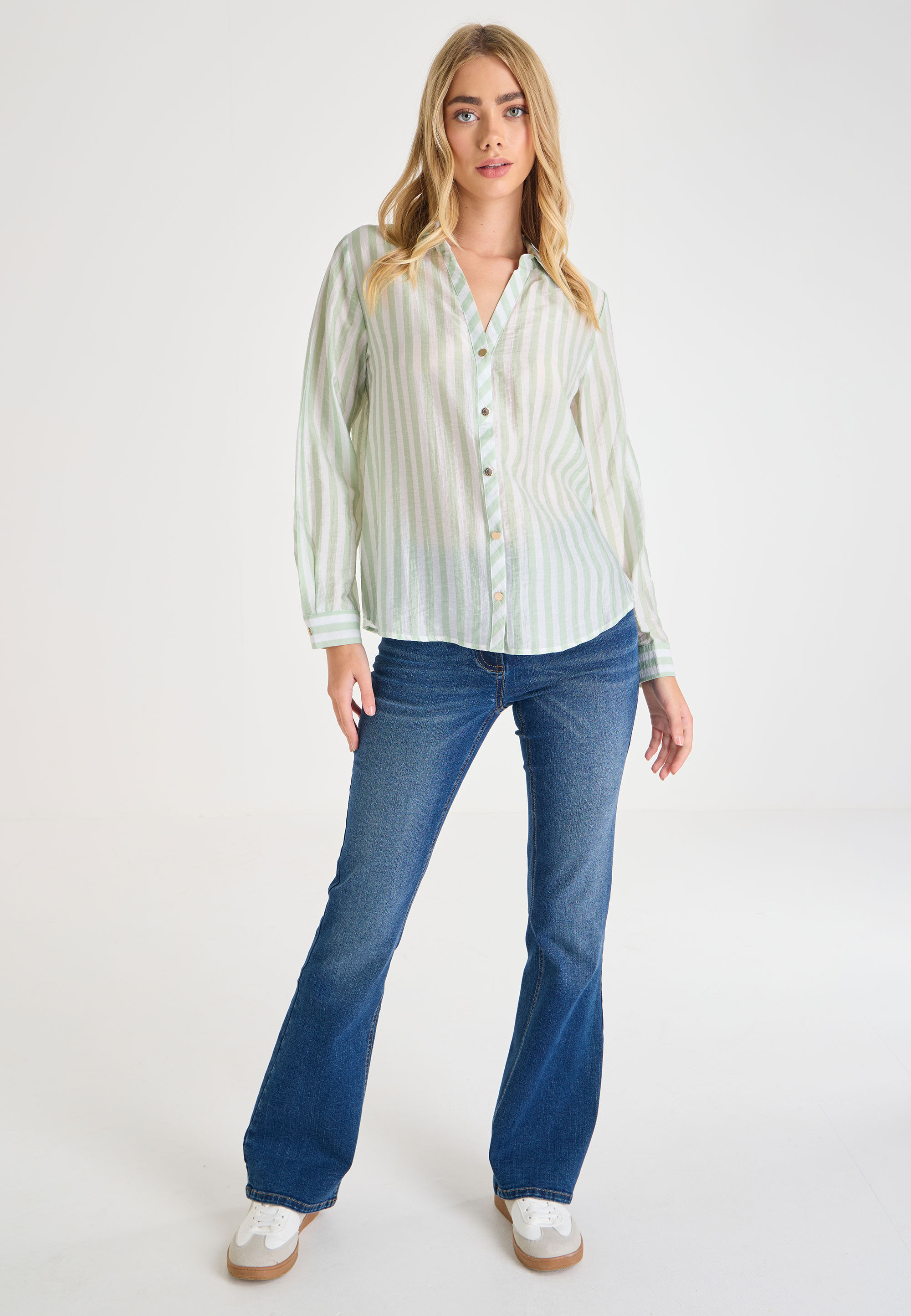 Womens Green Stripe Long Sleeve Shirt
