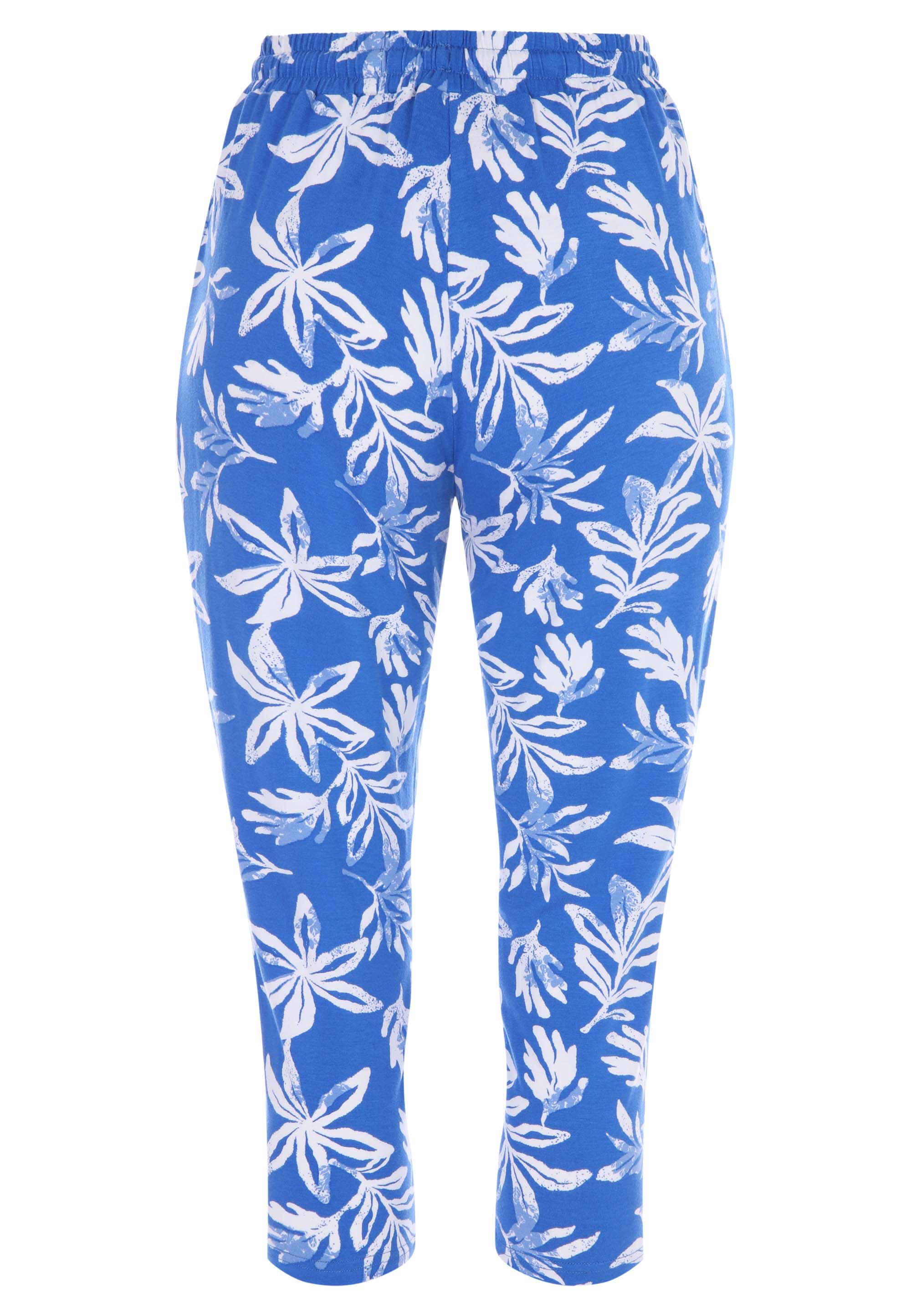 Womens Blue Floral Print Relaxed Cropped Trousers