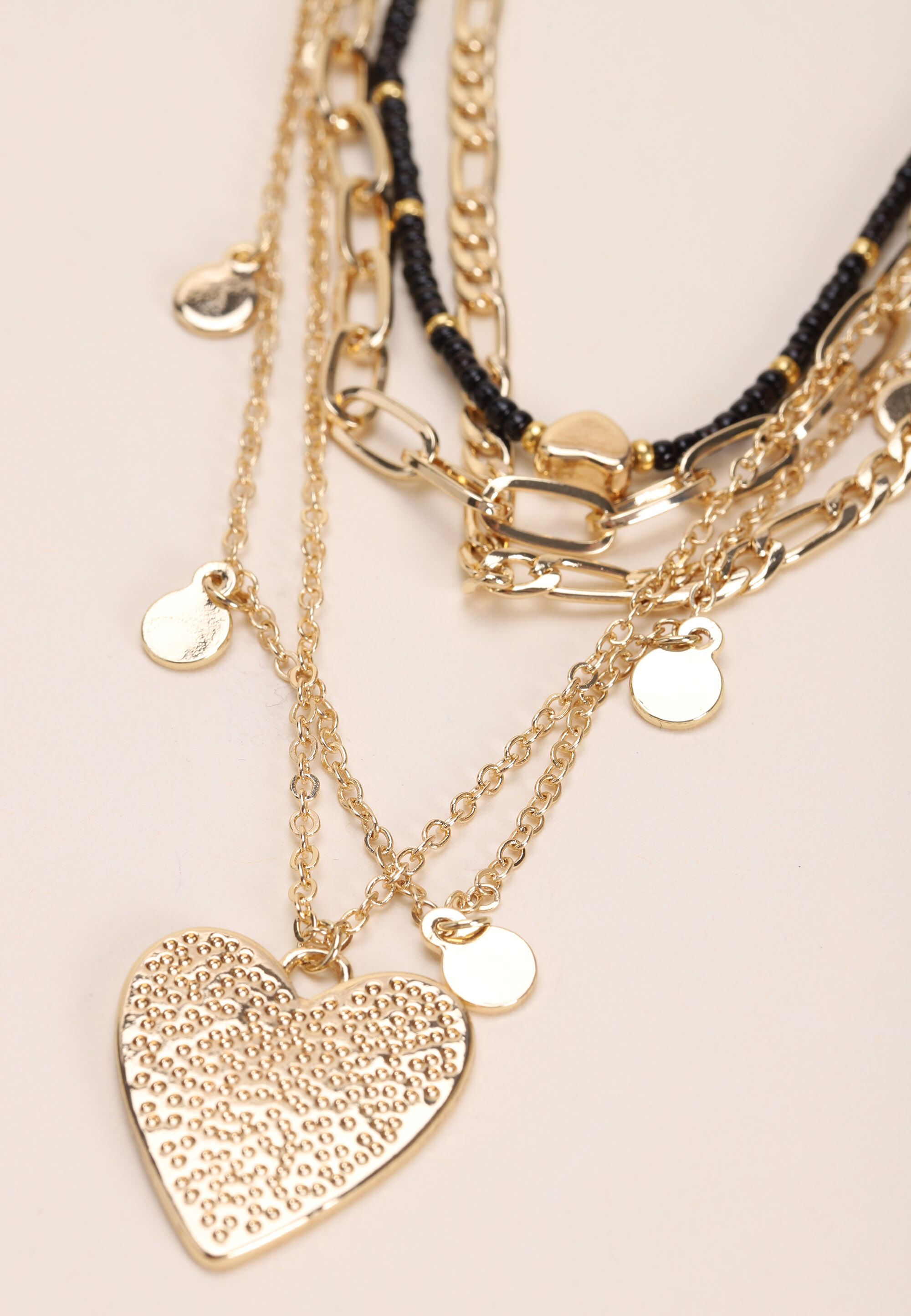 Womens Gold 5 Row Heart Pendant Layered Necklace