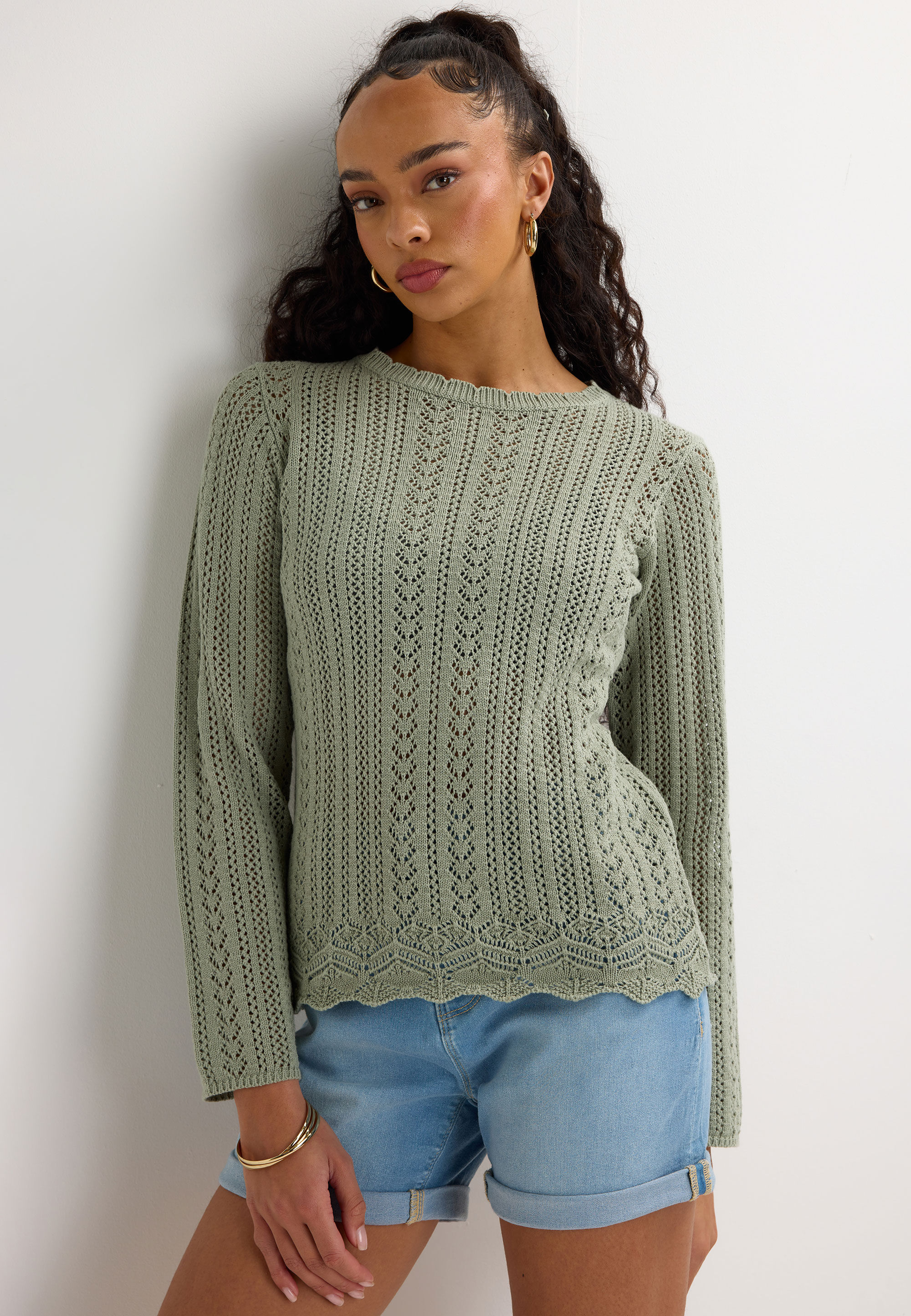 Womens Sage Crochet Knit Jumper
