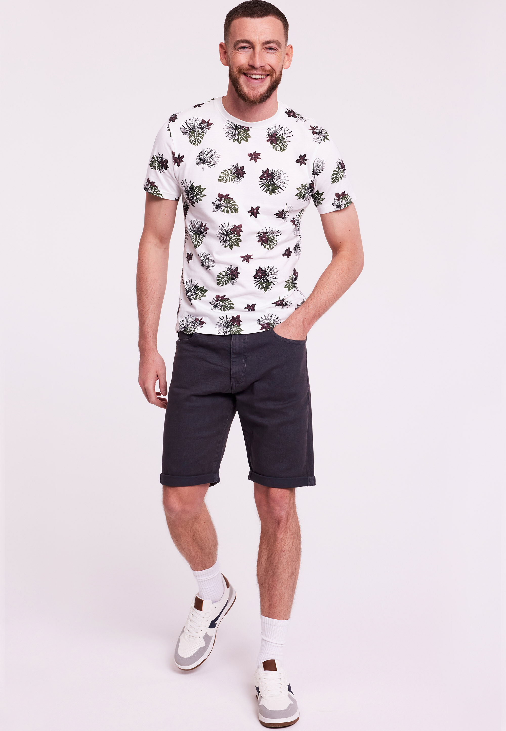 Mens White Floral Print Short Sleeve T-shirt