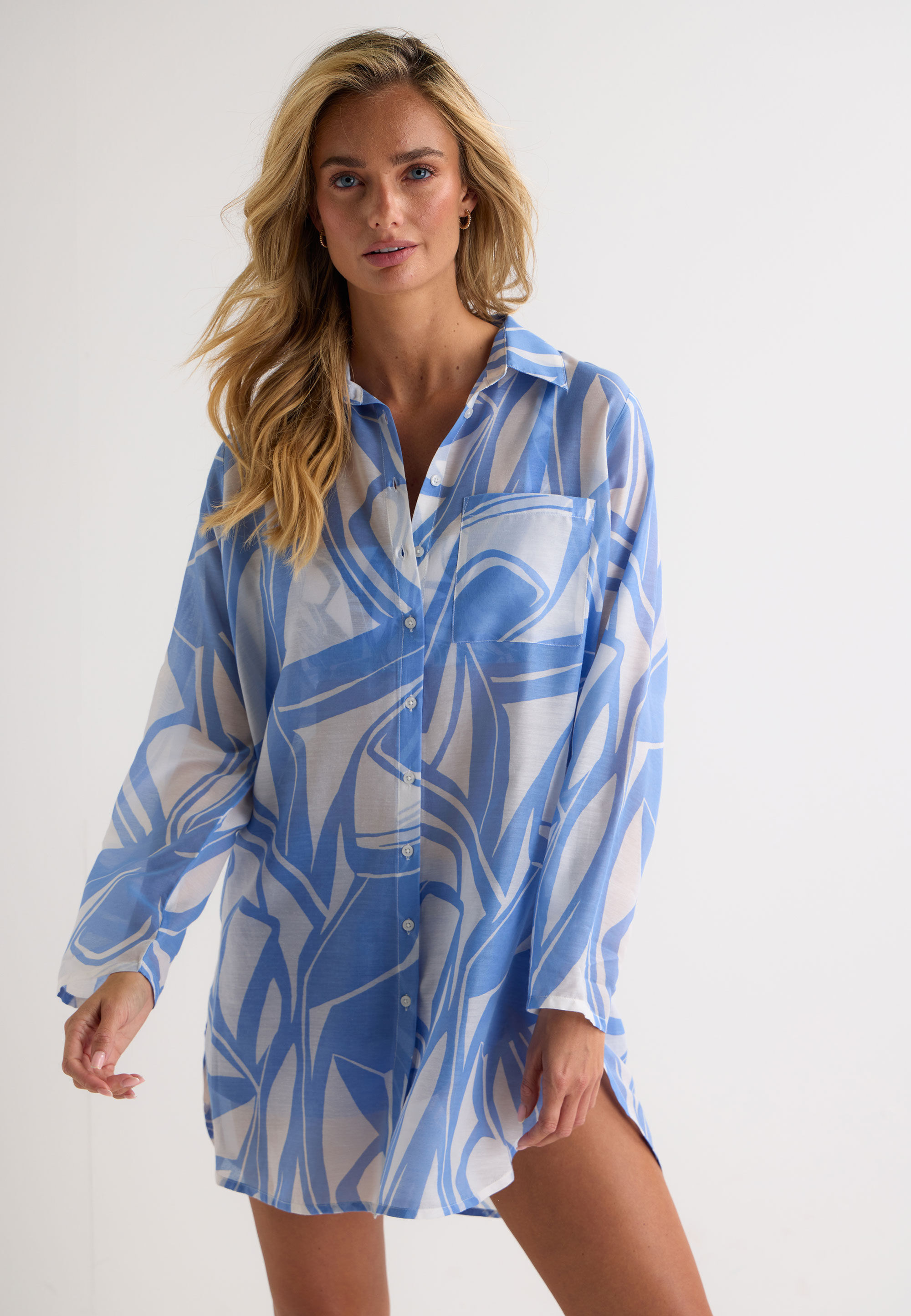 Womens Blue Swirl Print Beach Shirt