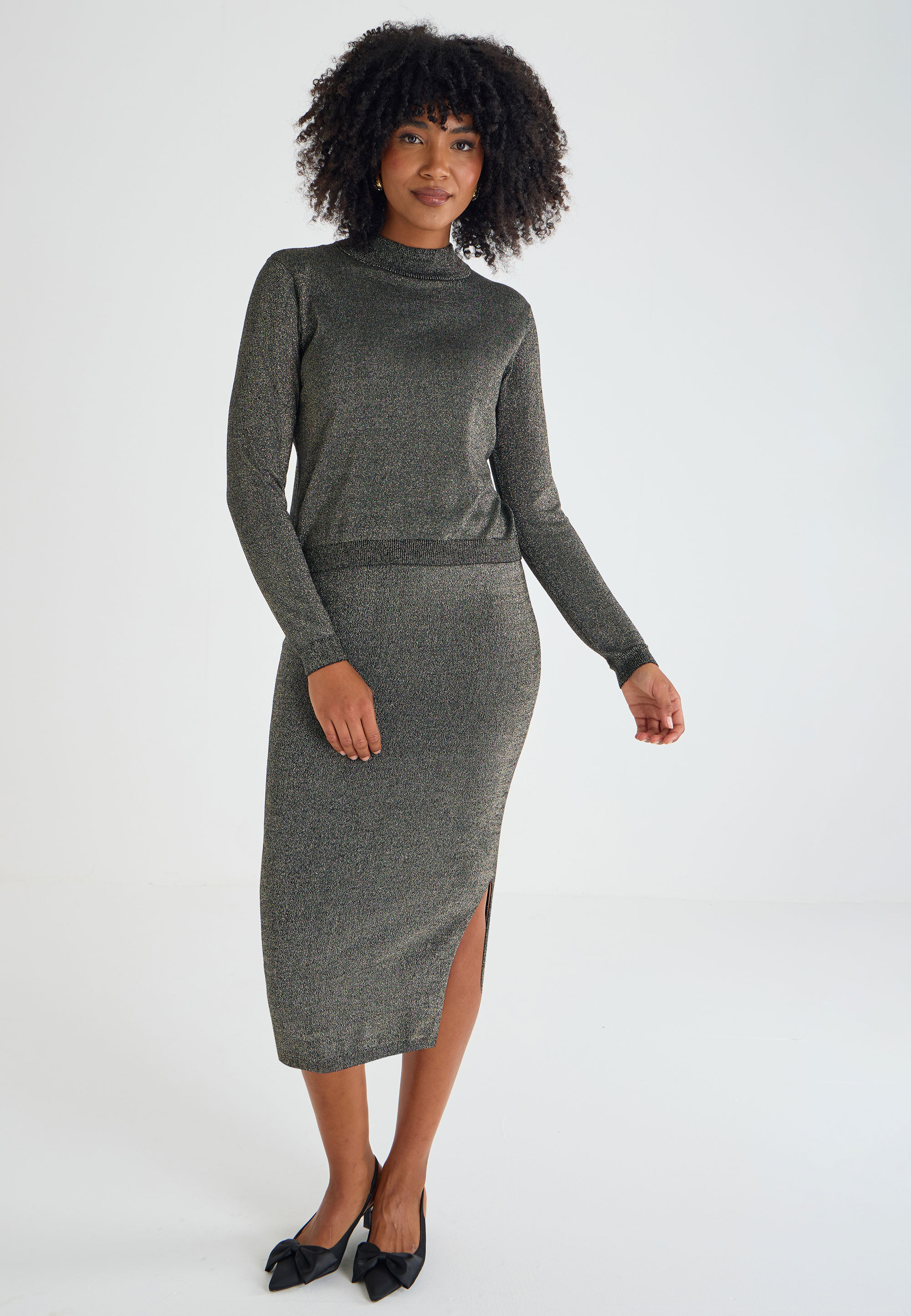 Womens Gold Lurex Turtle Neck Jumper