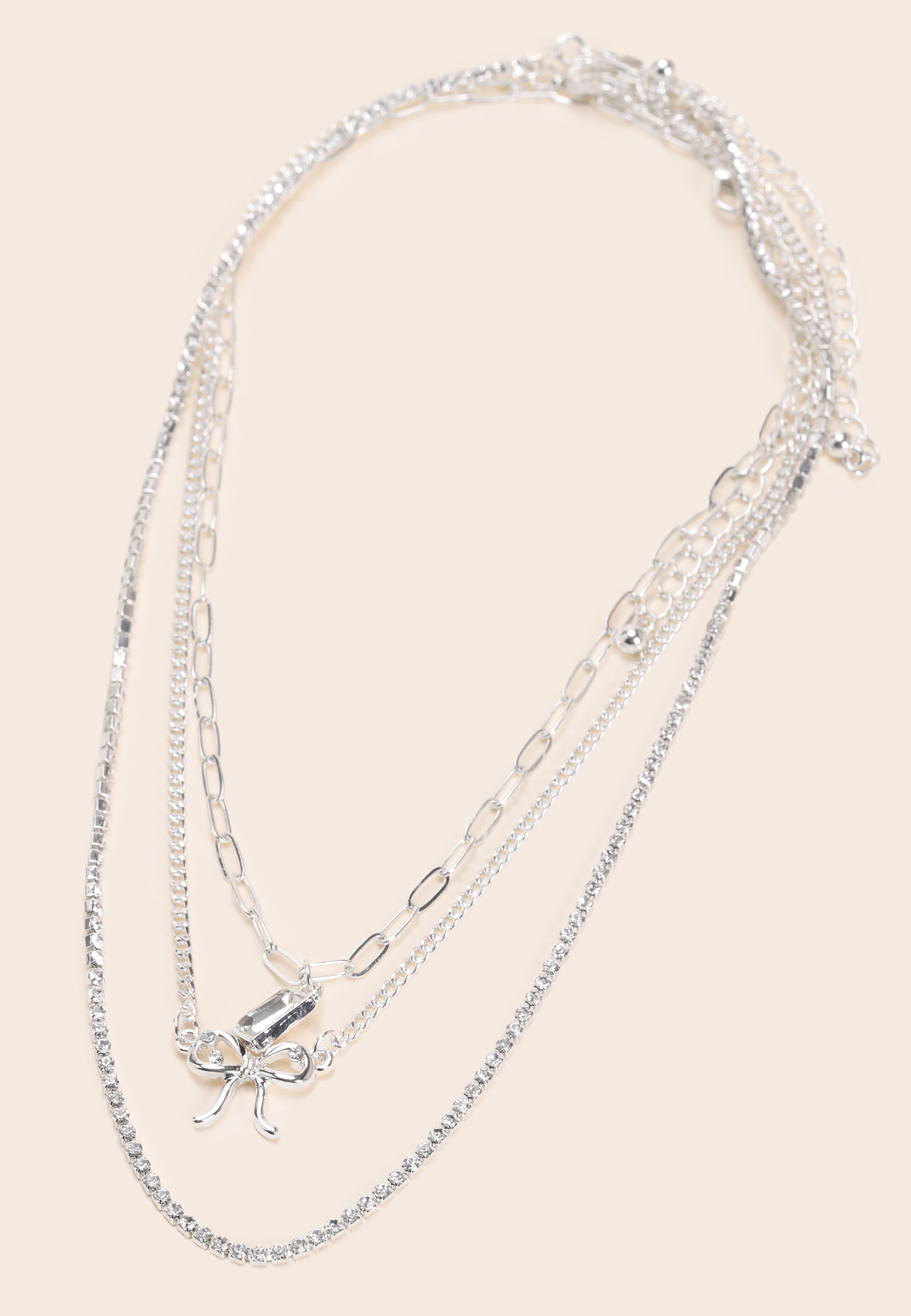 Womens Silver 3 Row Bow Drop Diamante Necklace