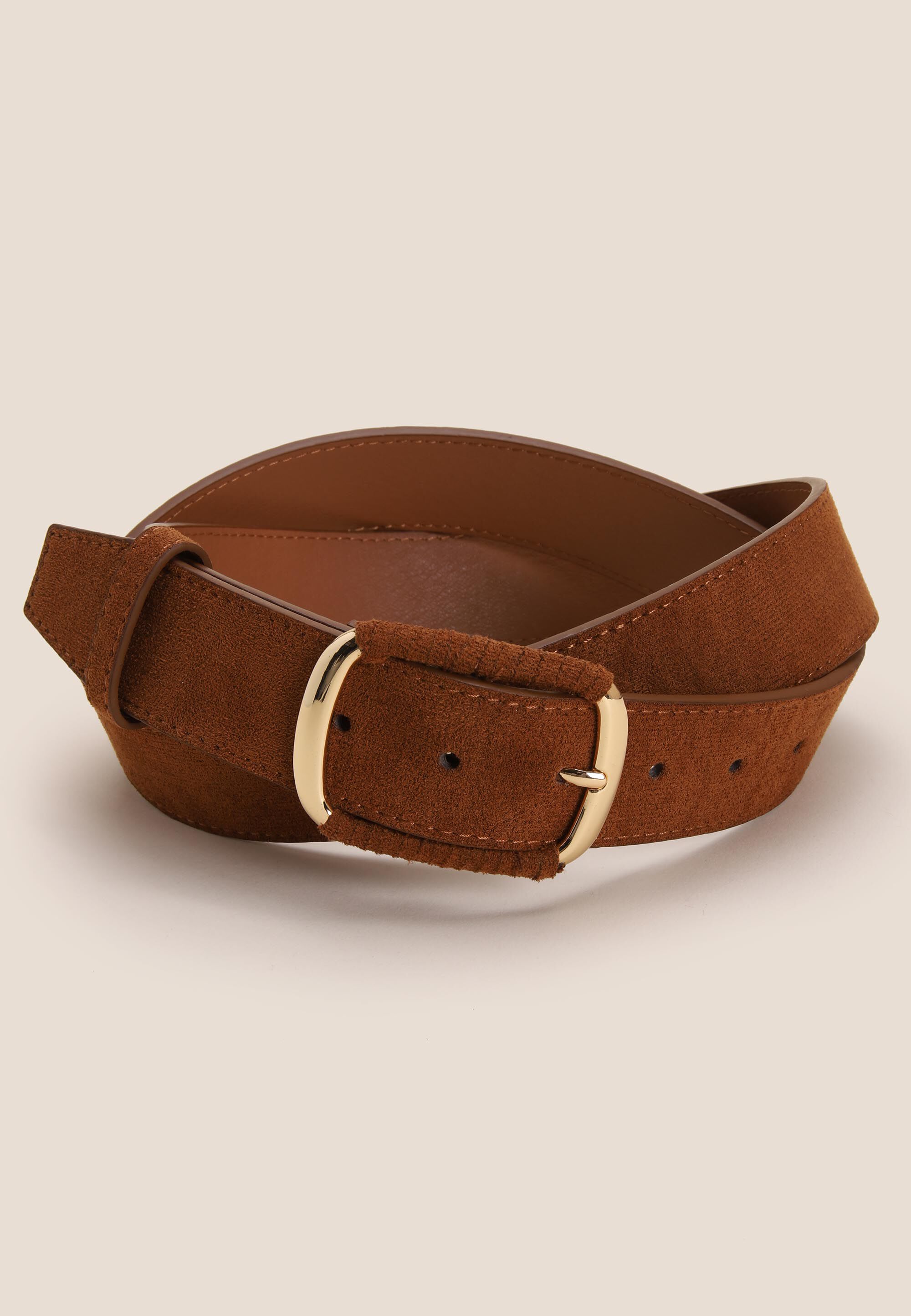 Womens Tan Sueduette & Gold Buckle Belt