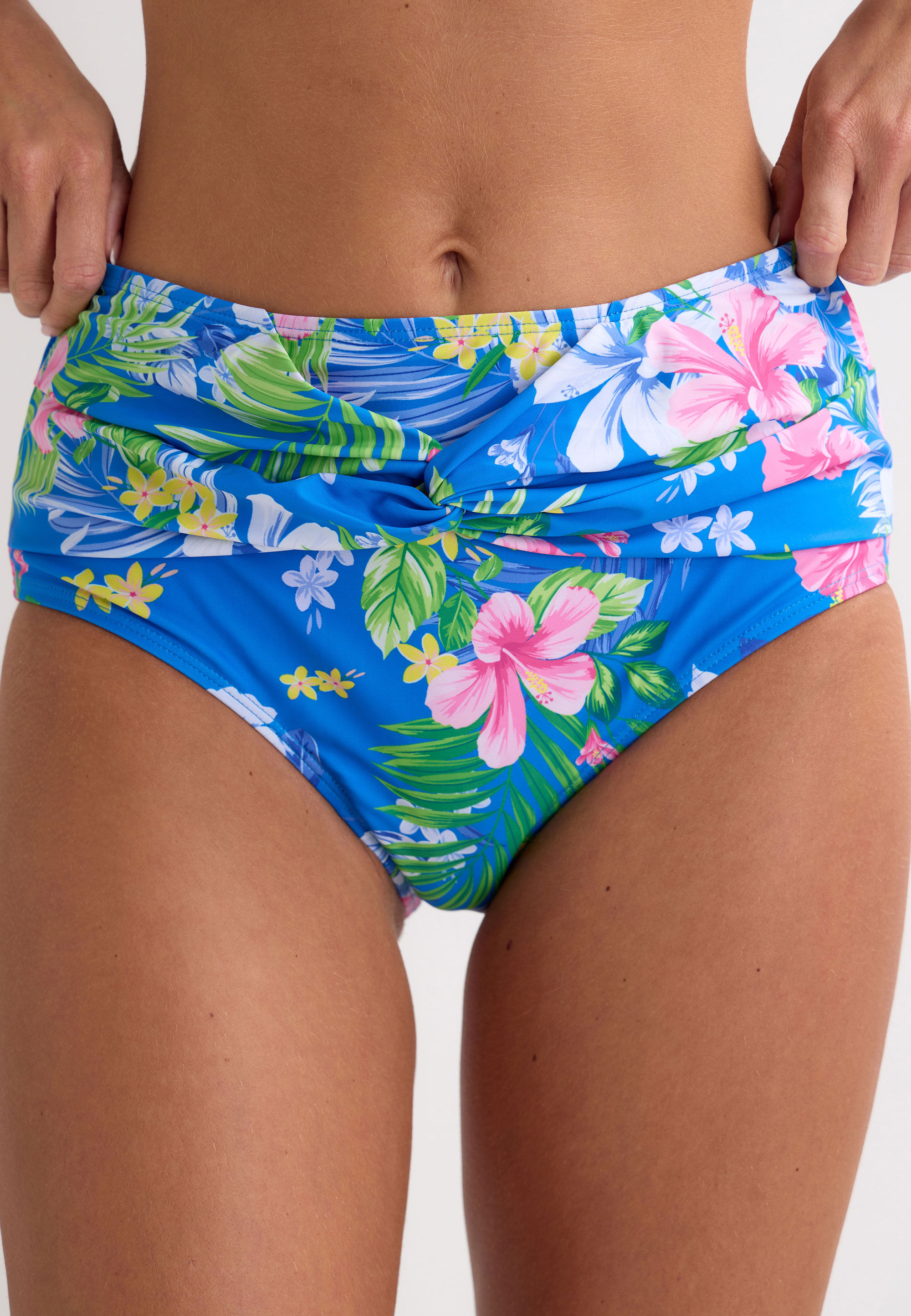 Womens Blue Hibiscus Floral High Waist Bikini Bottoms