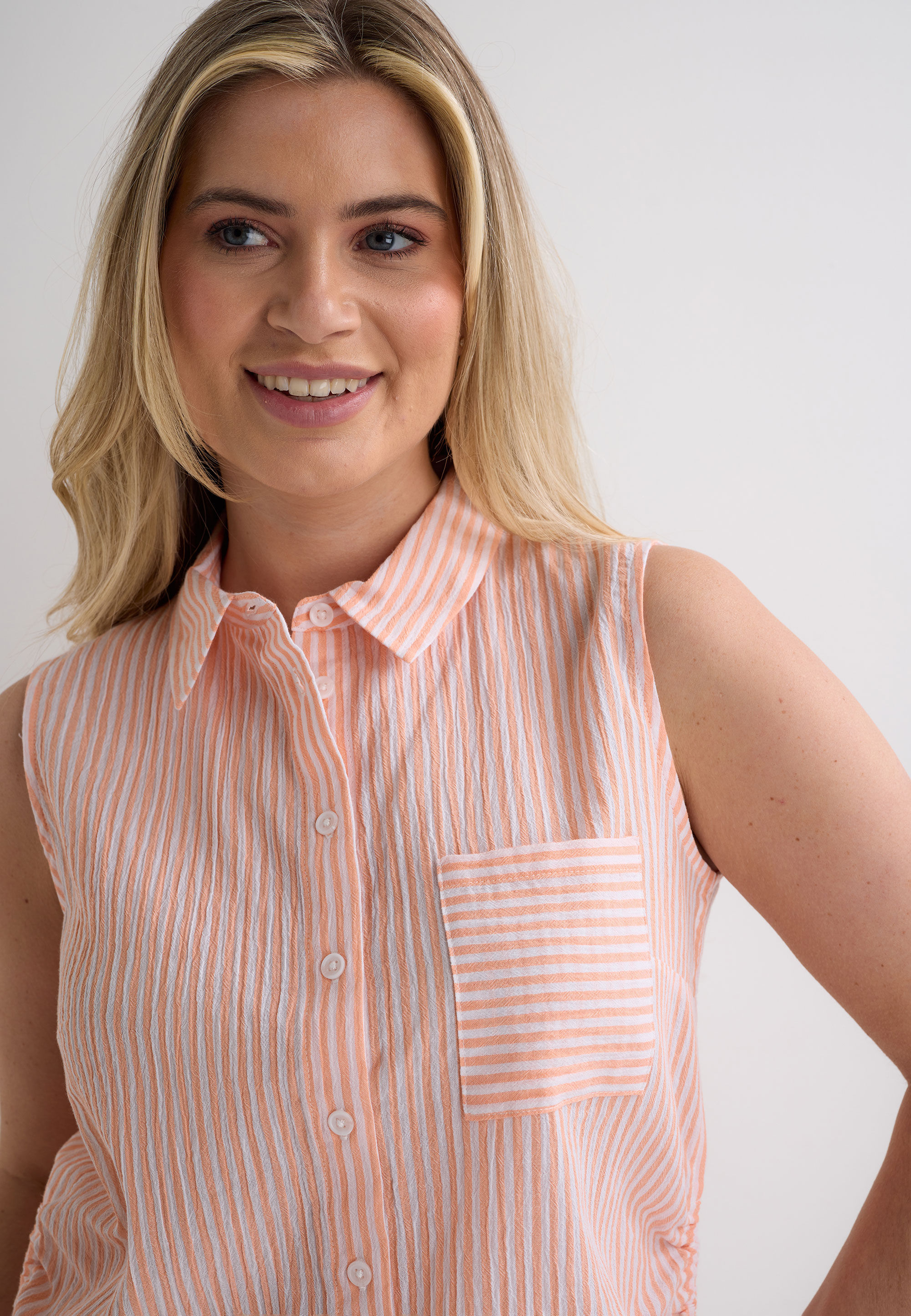 Womens Coral Stripe Crinkle Ruched Side Shirt