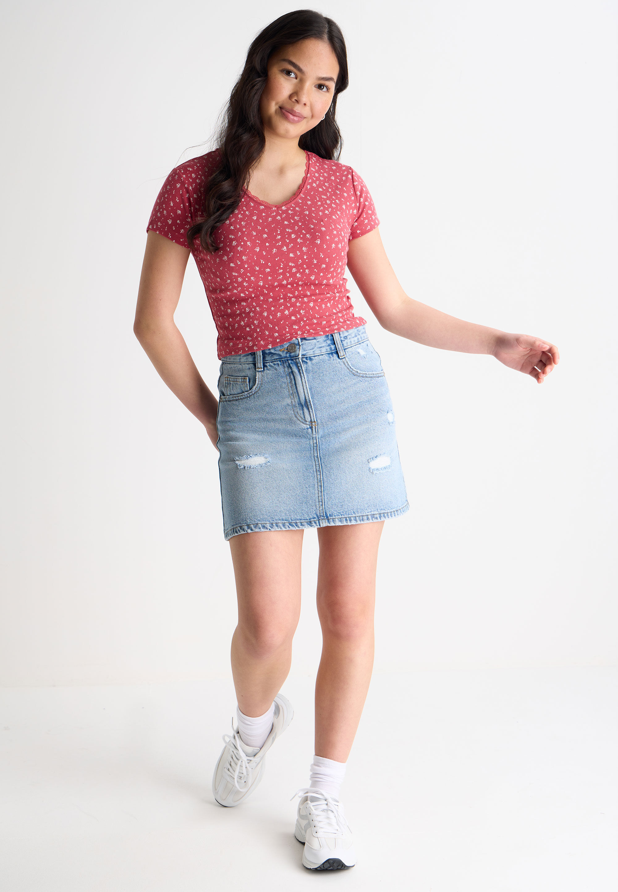 Older Girls Red Floral Lace Trim Top
