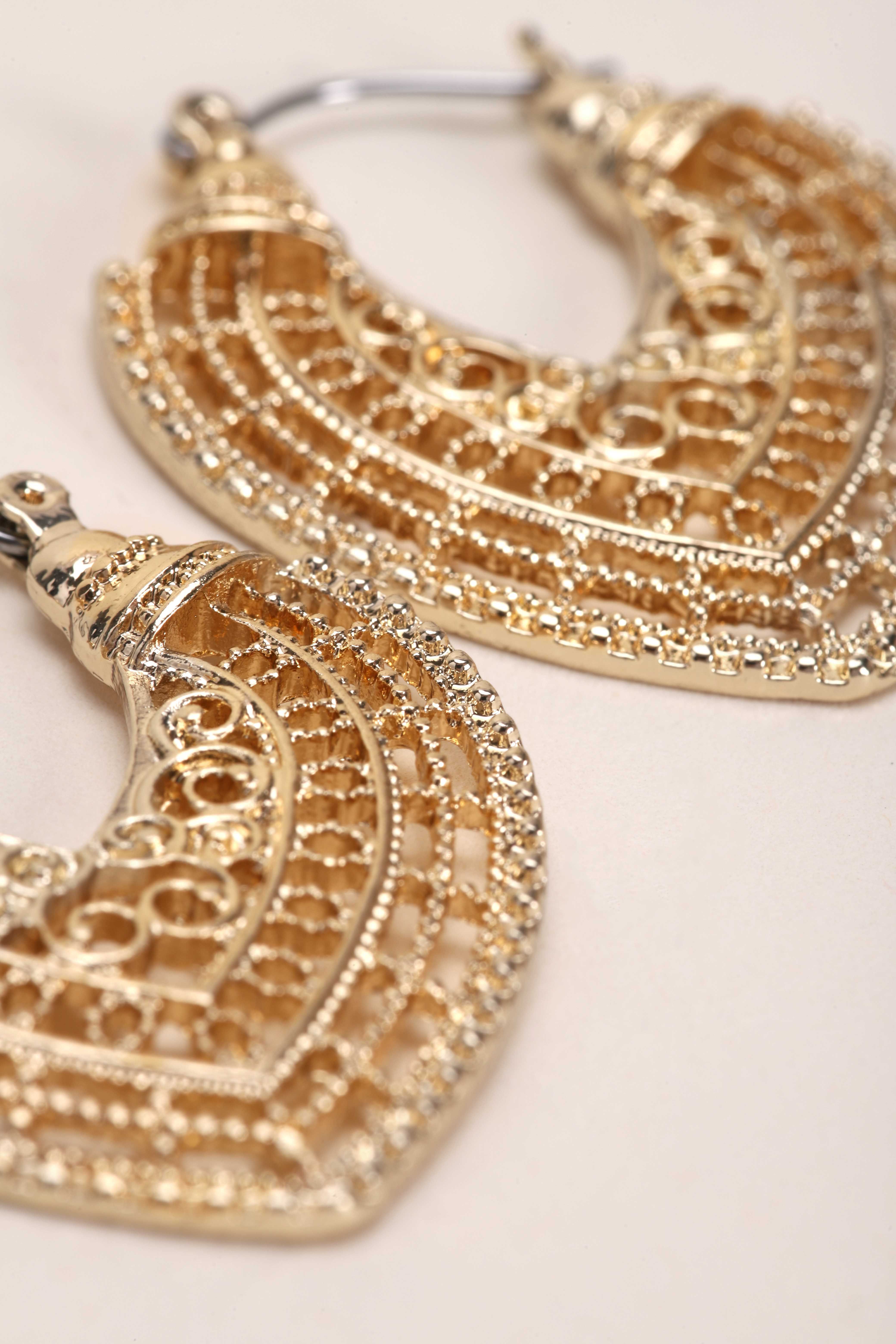 Womens Gold Fretwork Western Hoop Earrings