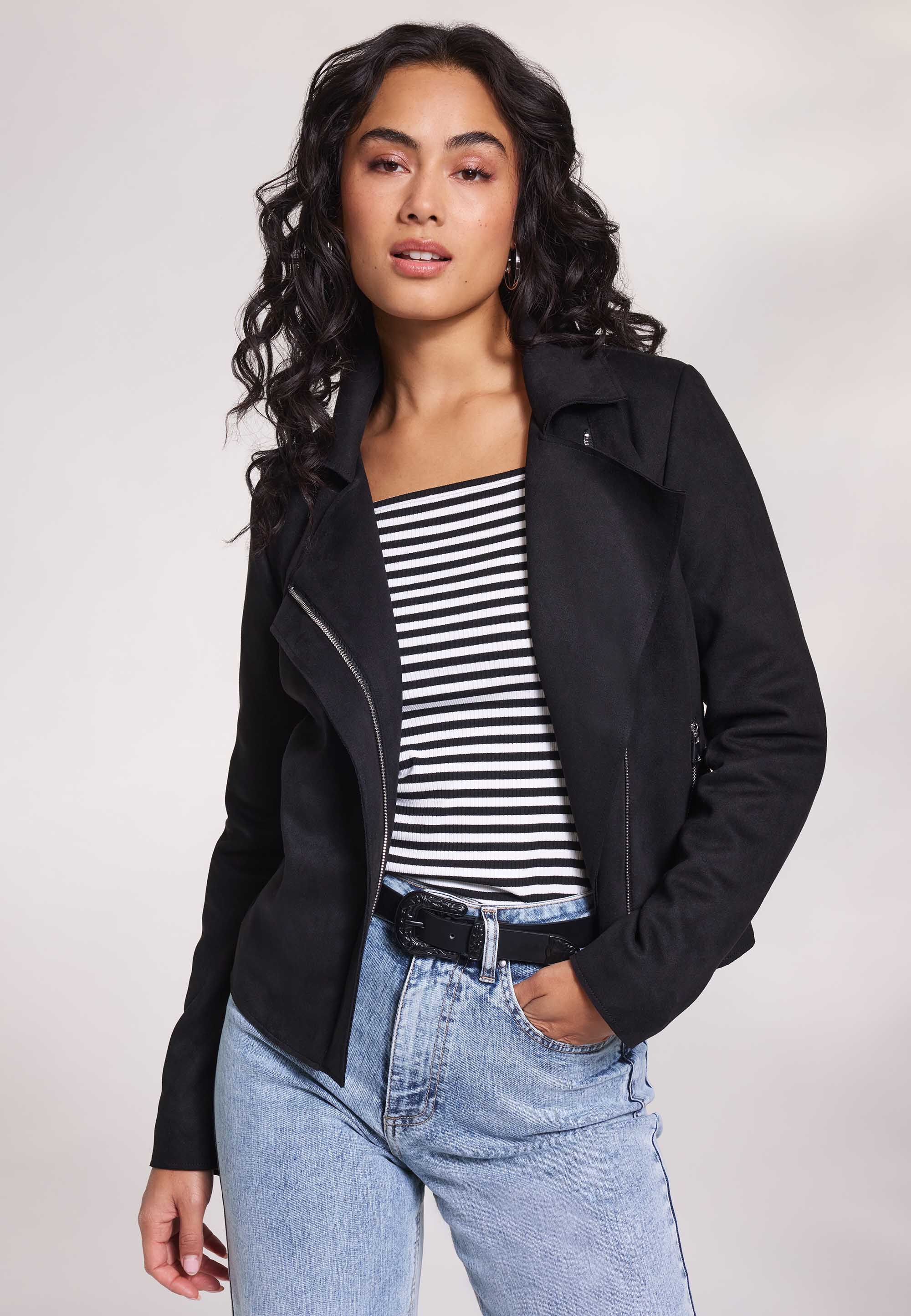 Womens Black Suedette Biker Jacket