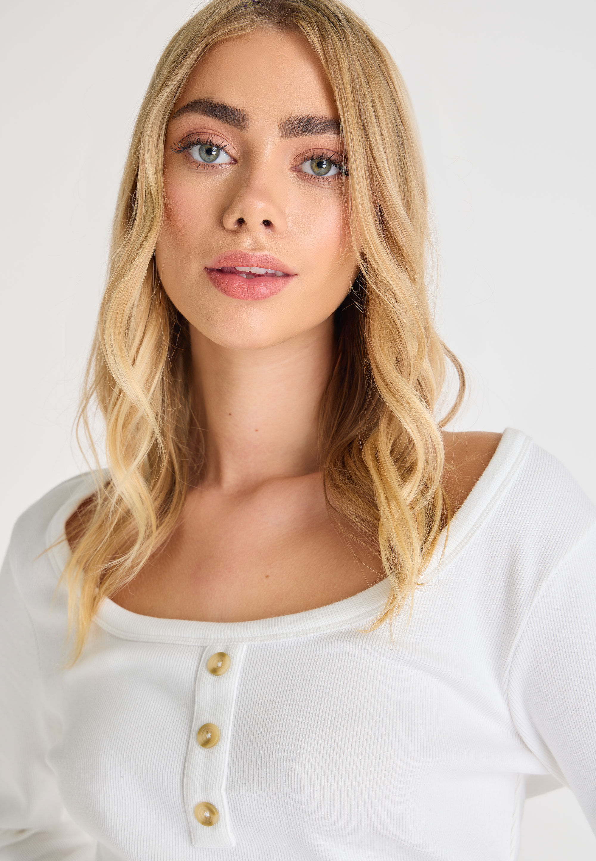 Womens Cream Ribbed Placket Detail Top
