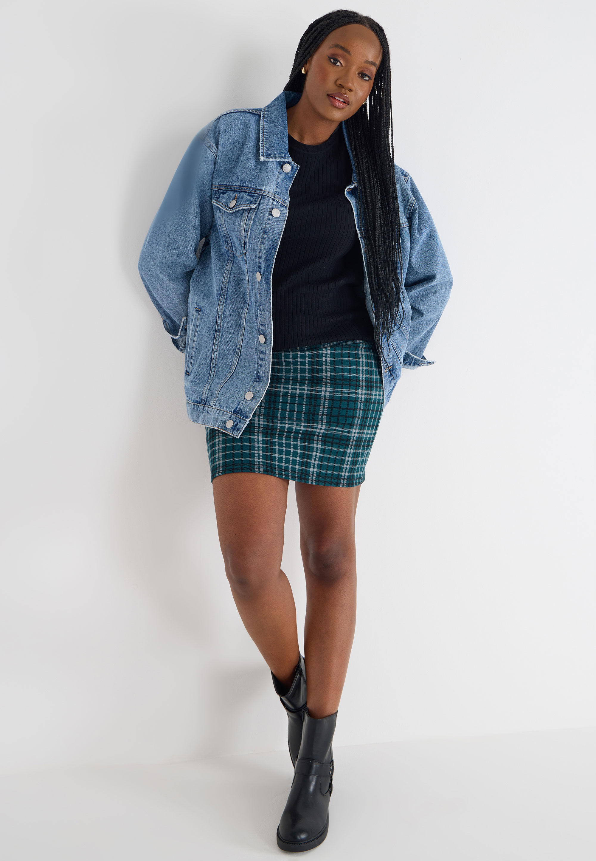 Womens Green & White Pull On Check Skirt