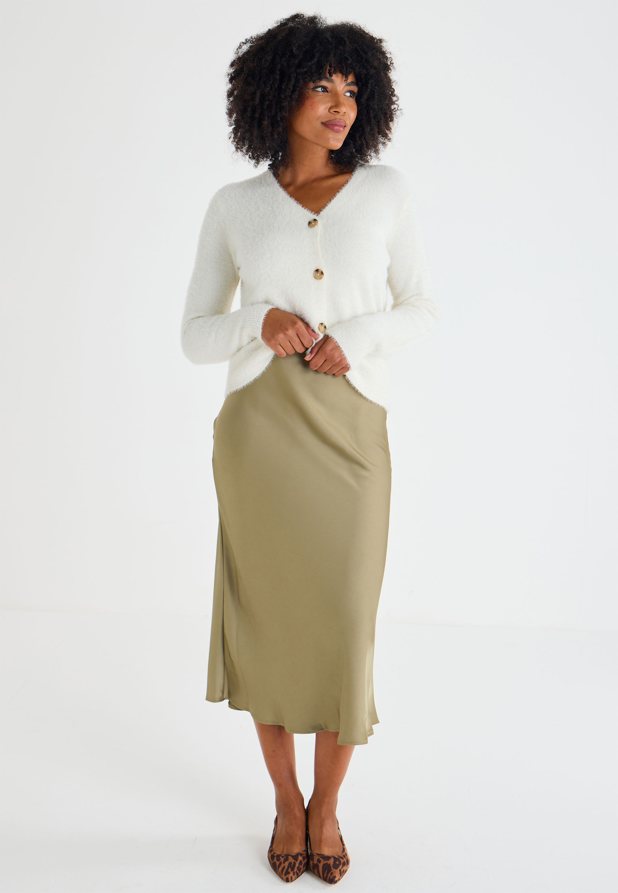 Womens Khaki Plain Satin Midi Skirt