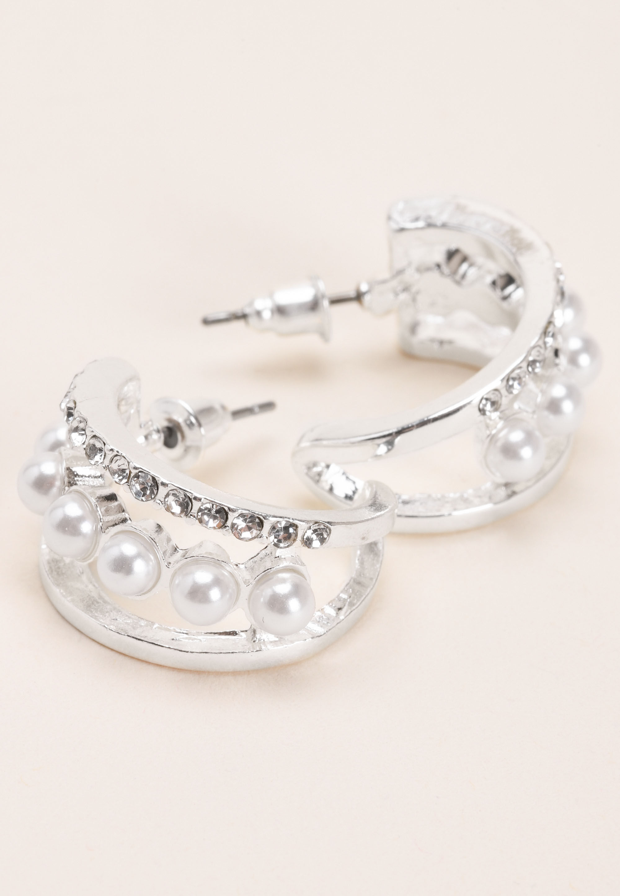 Womens Silver & Pearl Small Hoop Earrings