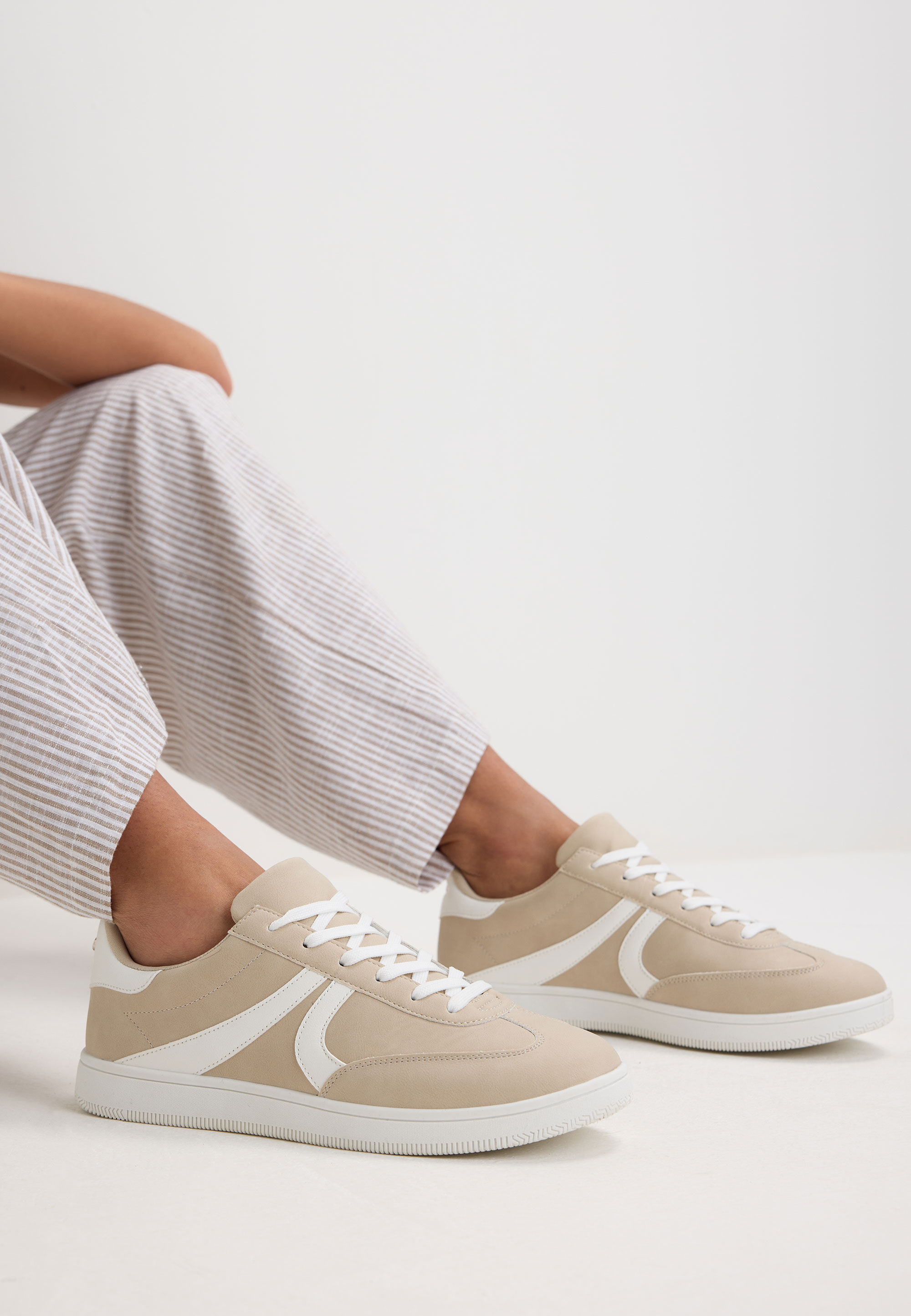 Womens Beige & White Side Stripe Trainers