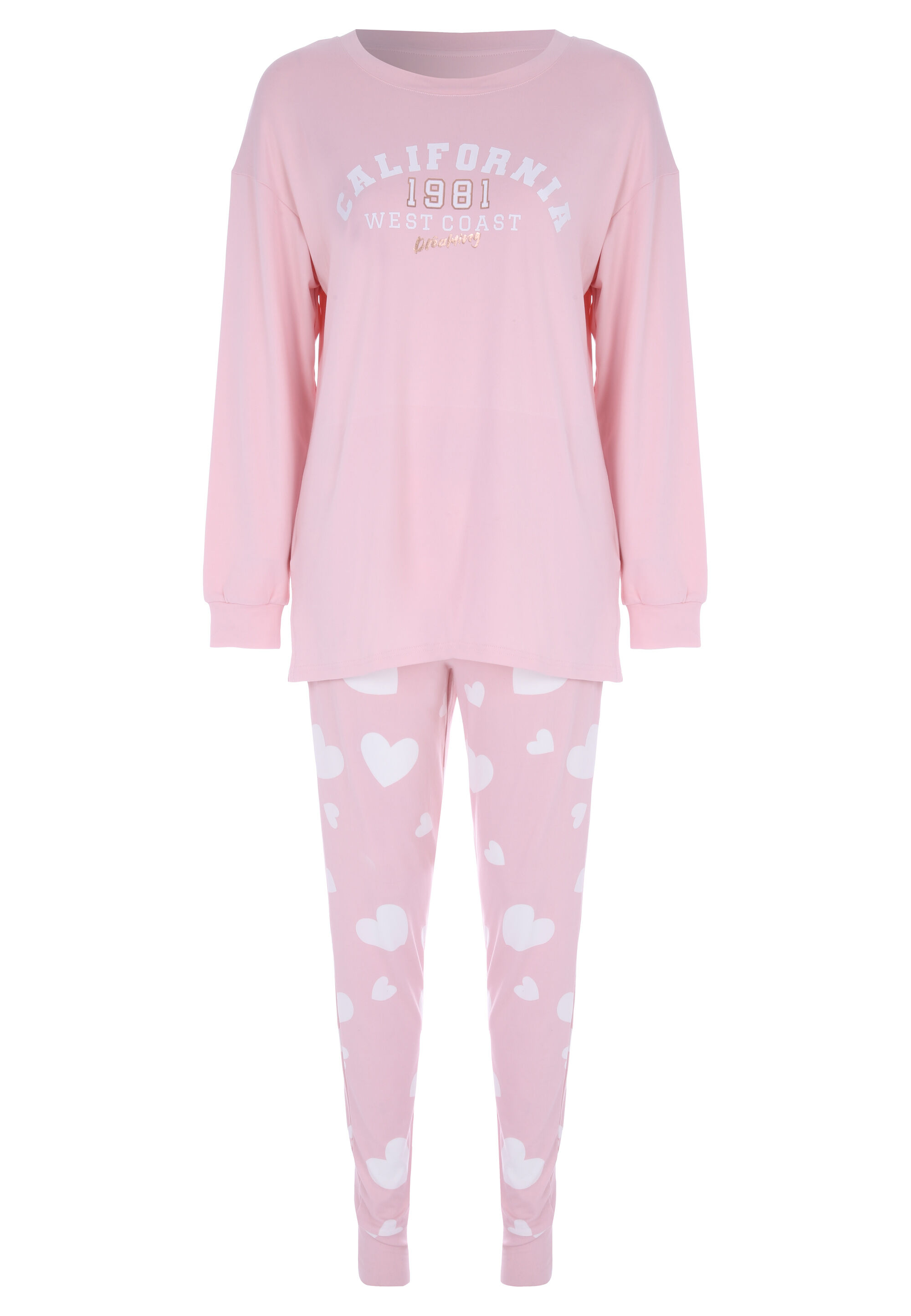 Womens Pink Soft Touch Heart Print Pyjama Set