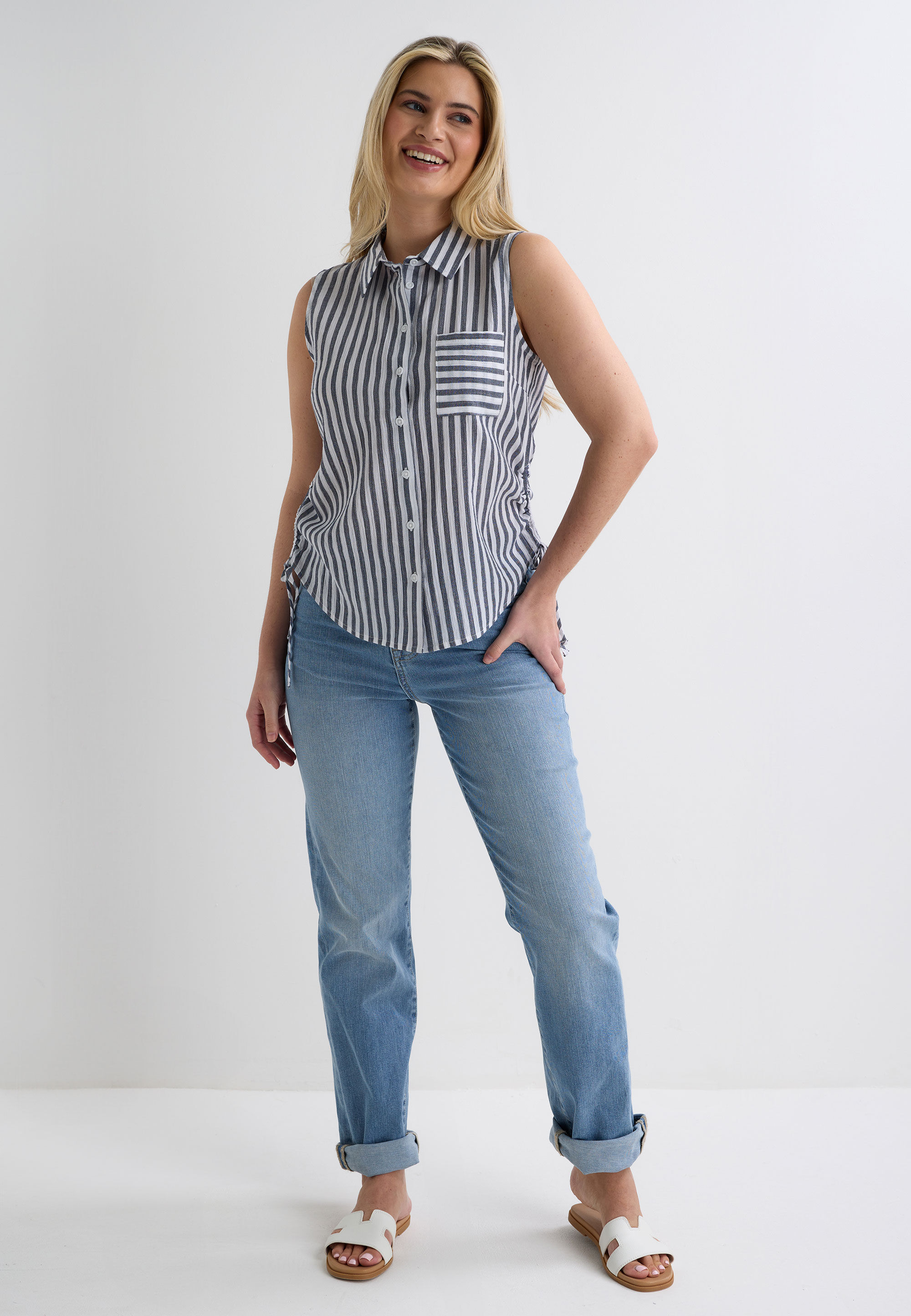 Womens Grey Stripe Crinkle Ruched Side Shirt