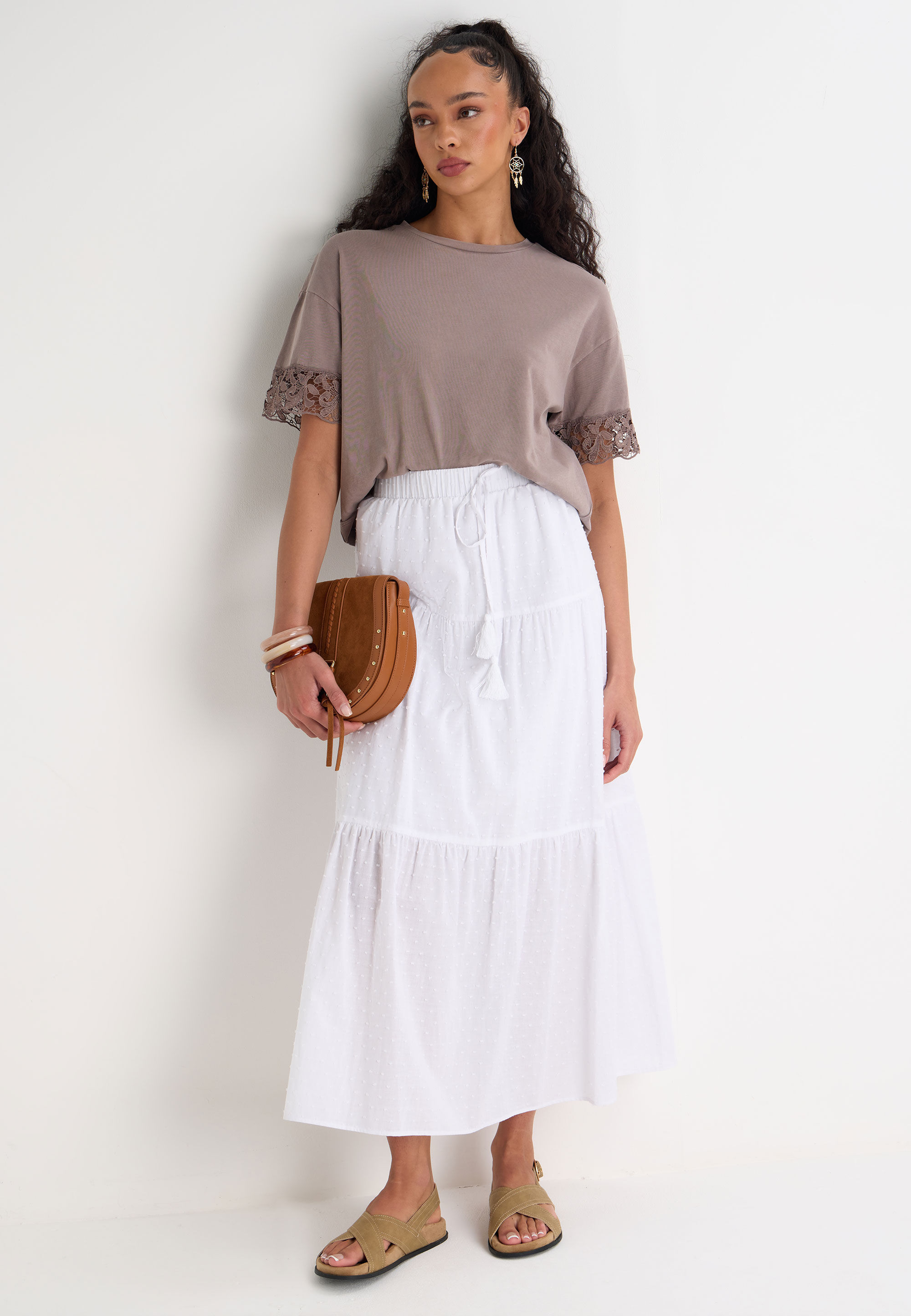 Womens Brown Acid Wash Short Lace Sleeve T-shirt