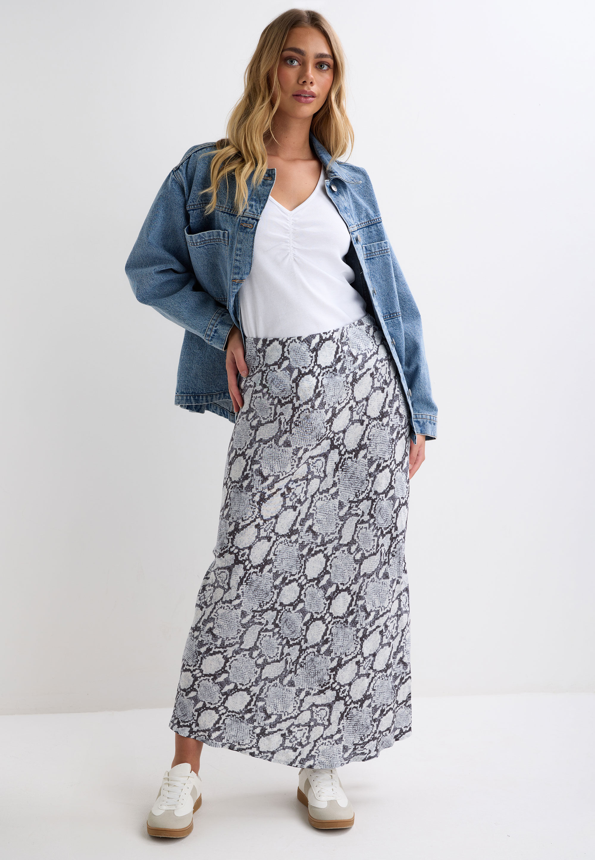Womens Grey Snake Print Midi Skirt