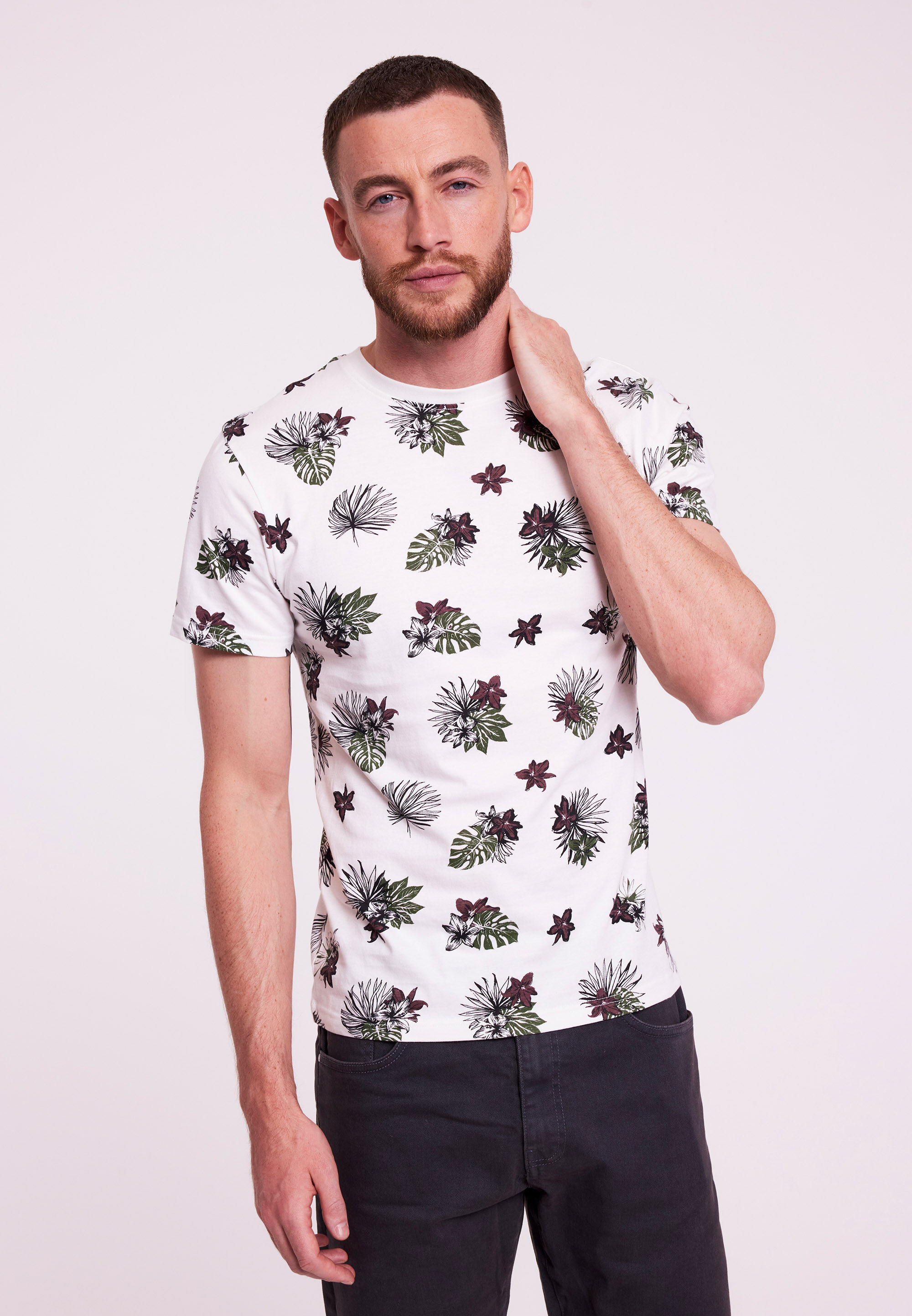 Mens White Floral Print Short Sleeve T-shirt
