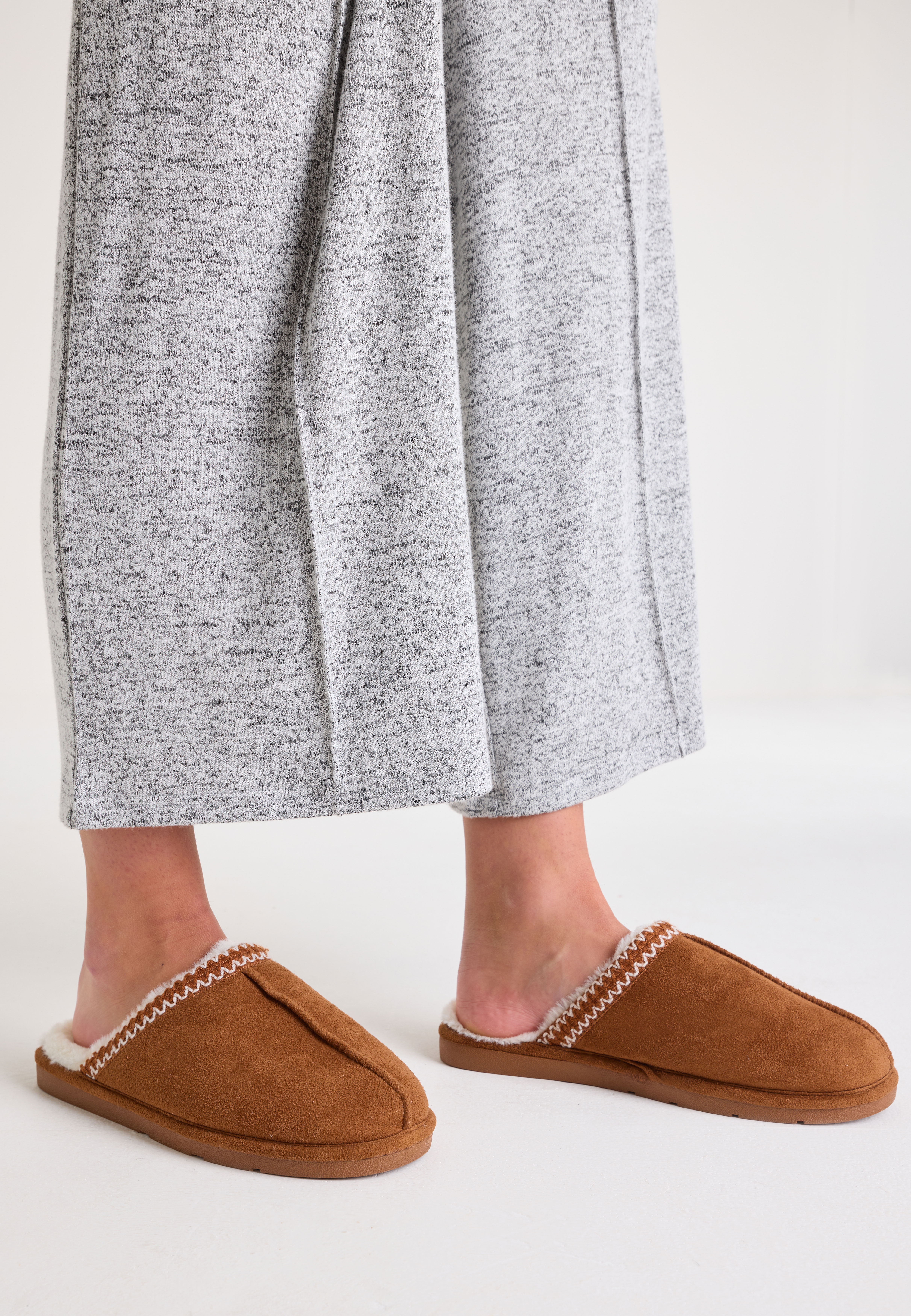 Womens Tan Embroidered Mule Slippers