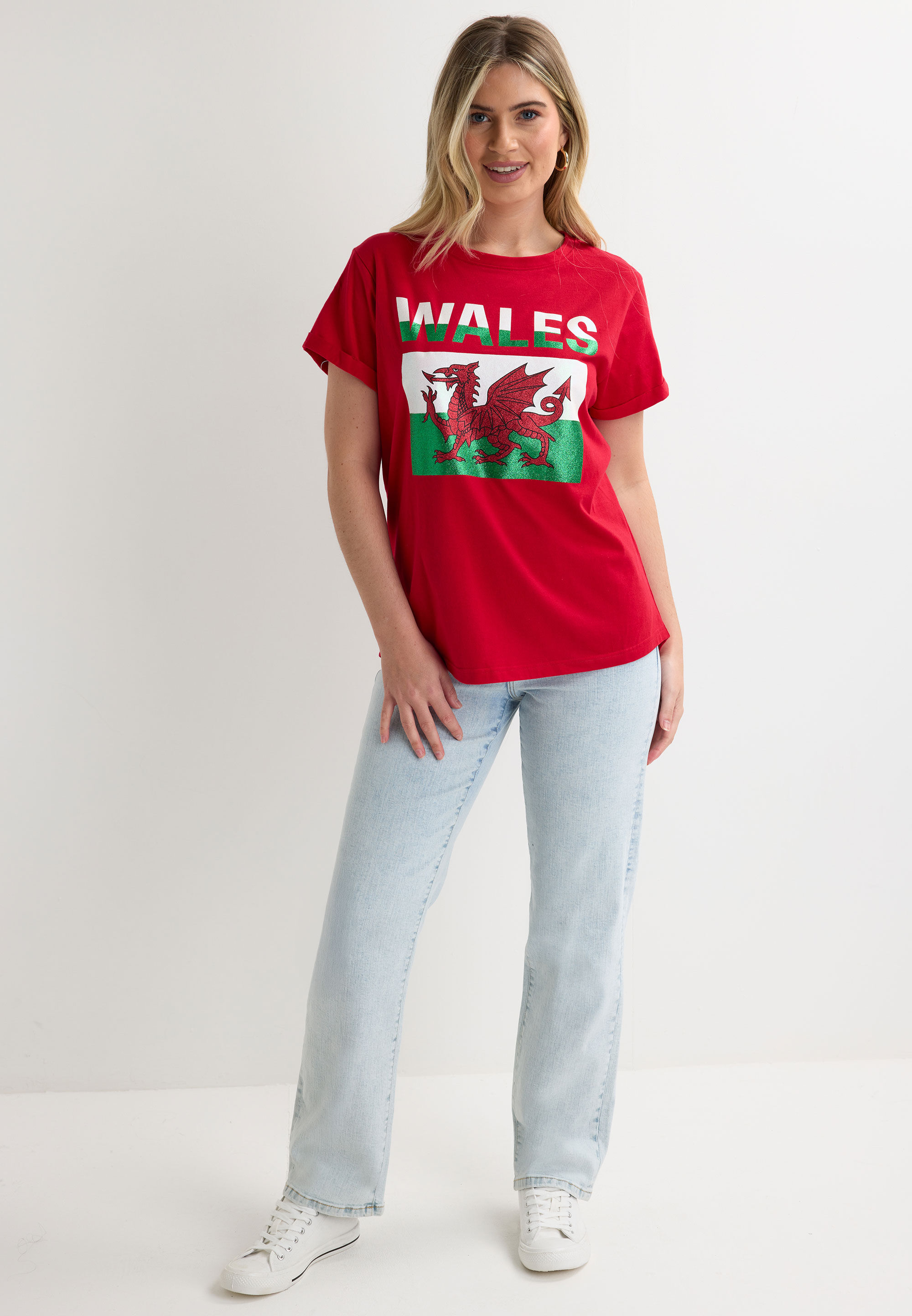 Womens Red Wales Glitter Flag T-shirt