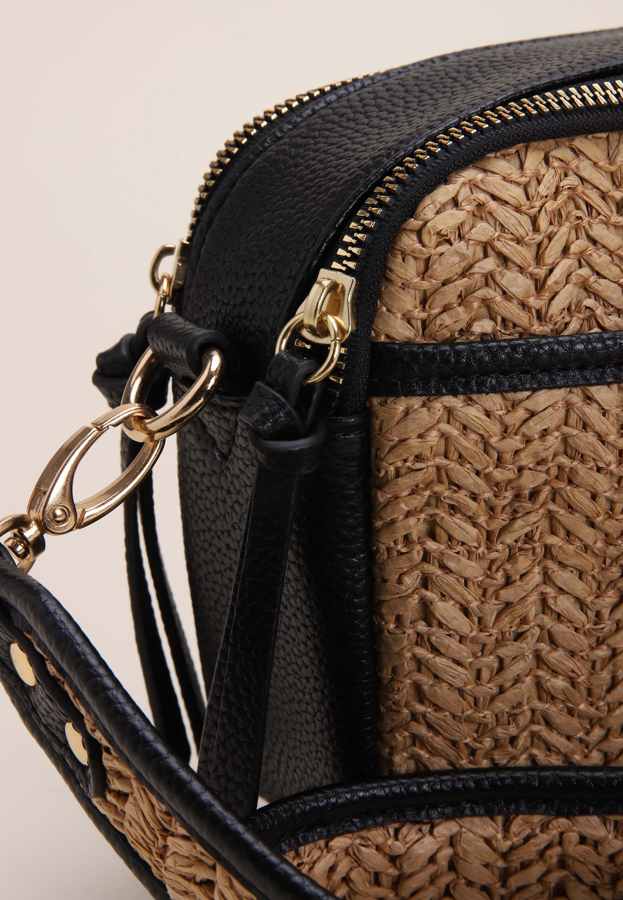 Womens Natural & Black Straw Woven Camera Bag