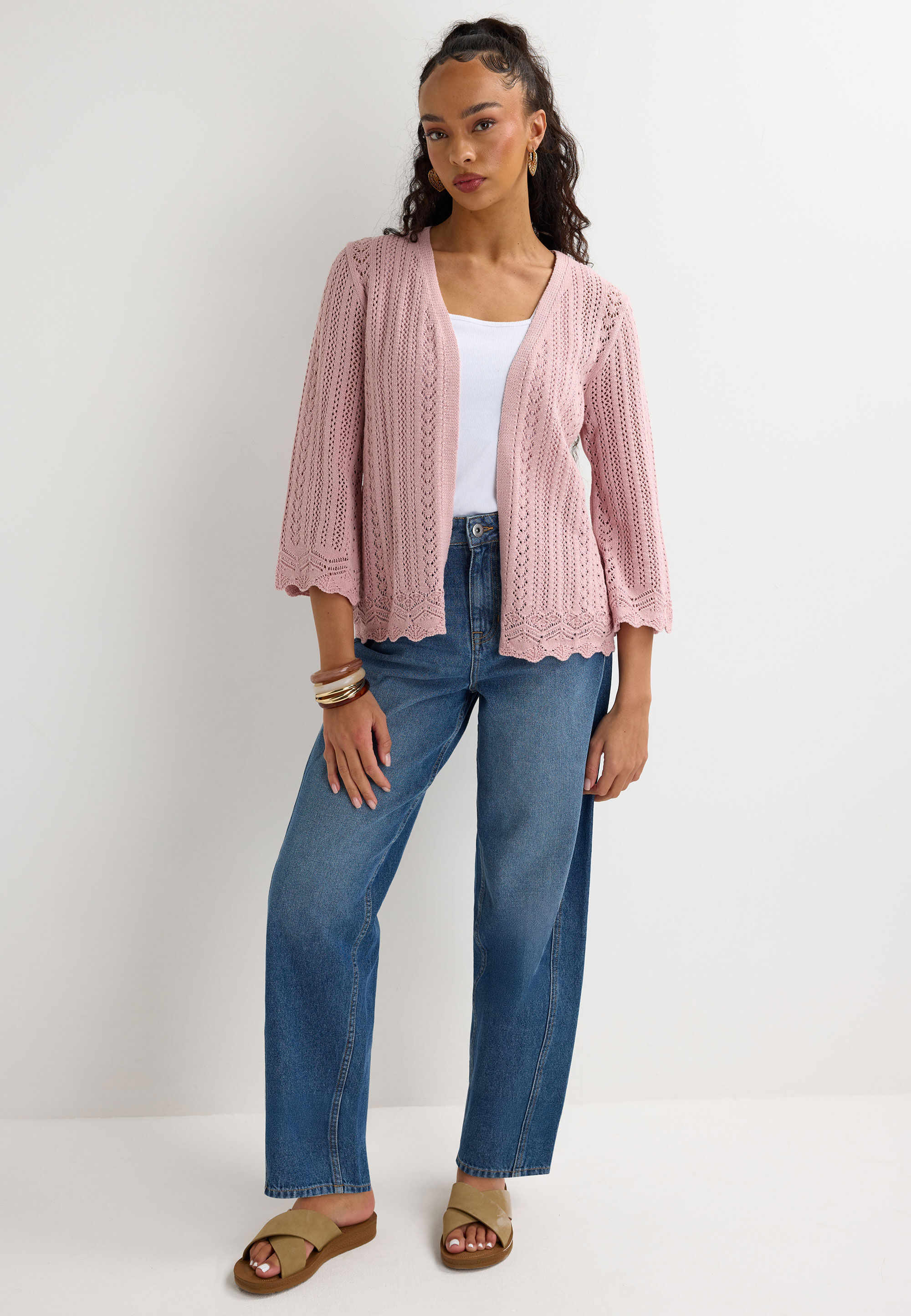 Womens Pink Crochet Knit Cardigan