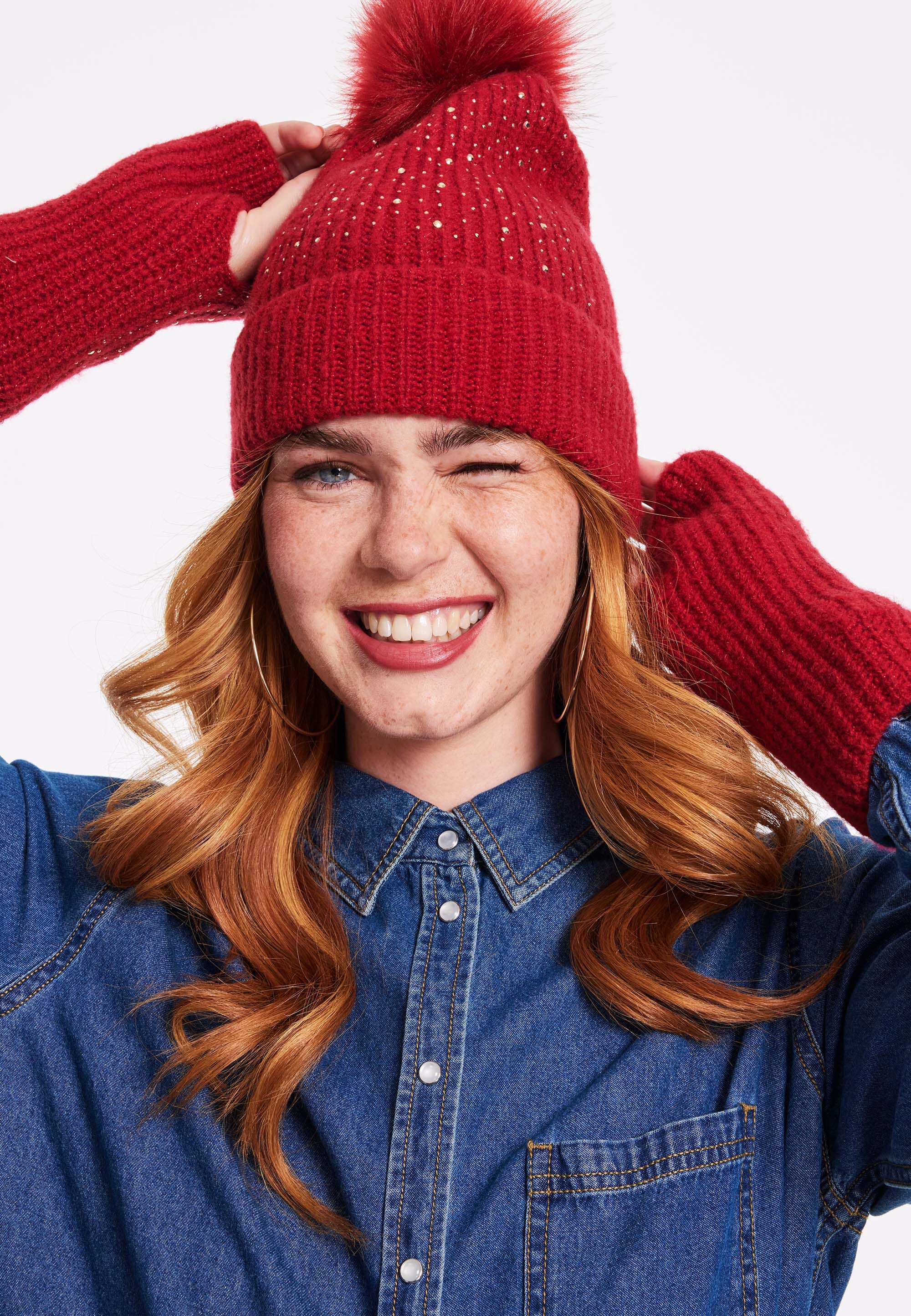 Womens Red Knit Sparkle Handwarmers