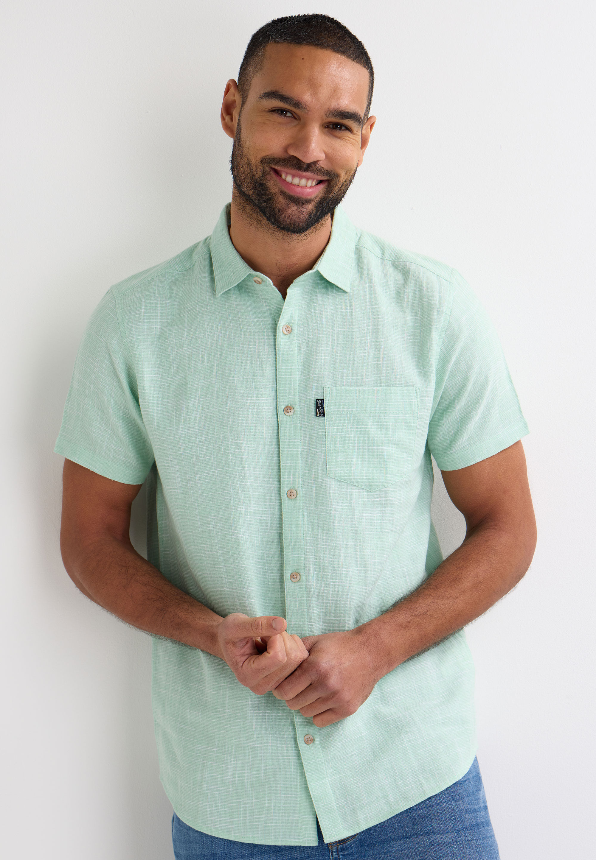 Mens Green Slub Textured Short Sleeve Shirt