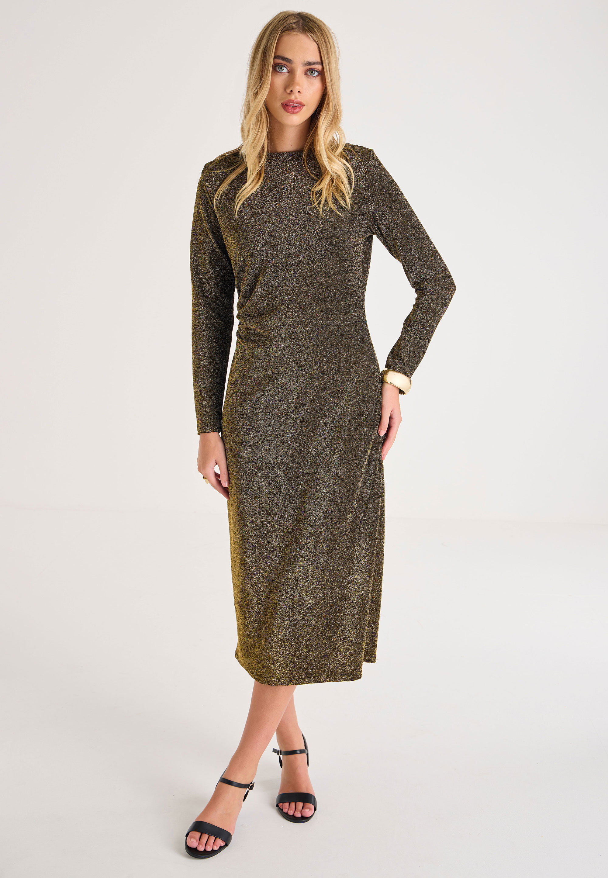 Womens Gold Metallic Ruched Midi Dress