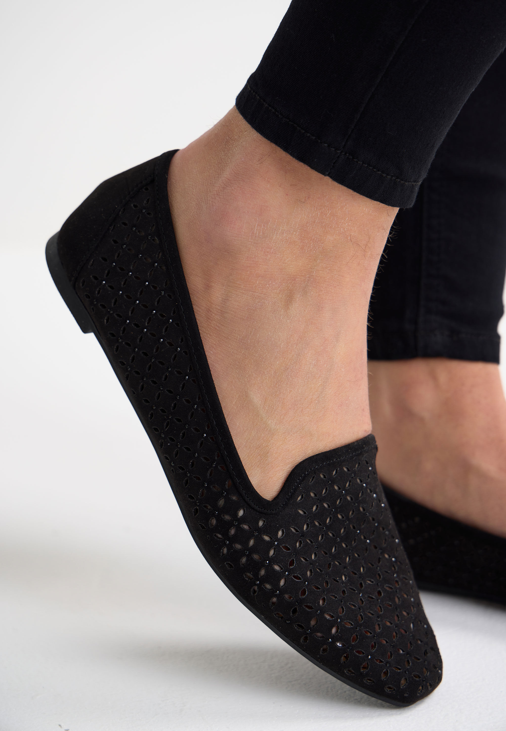 Womens Black Diamante Laser Cut Loafers