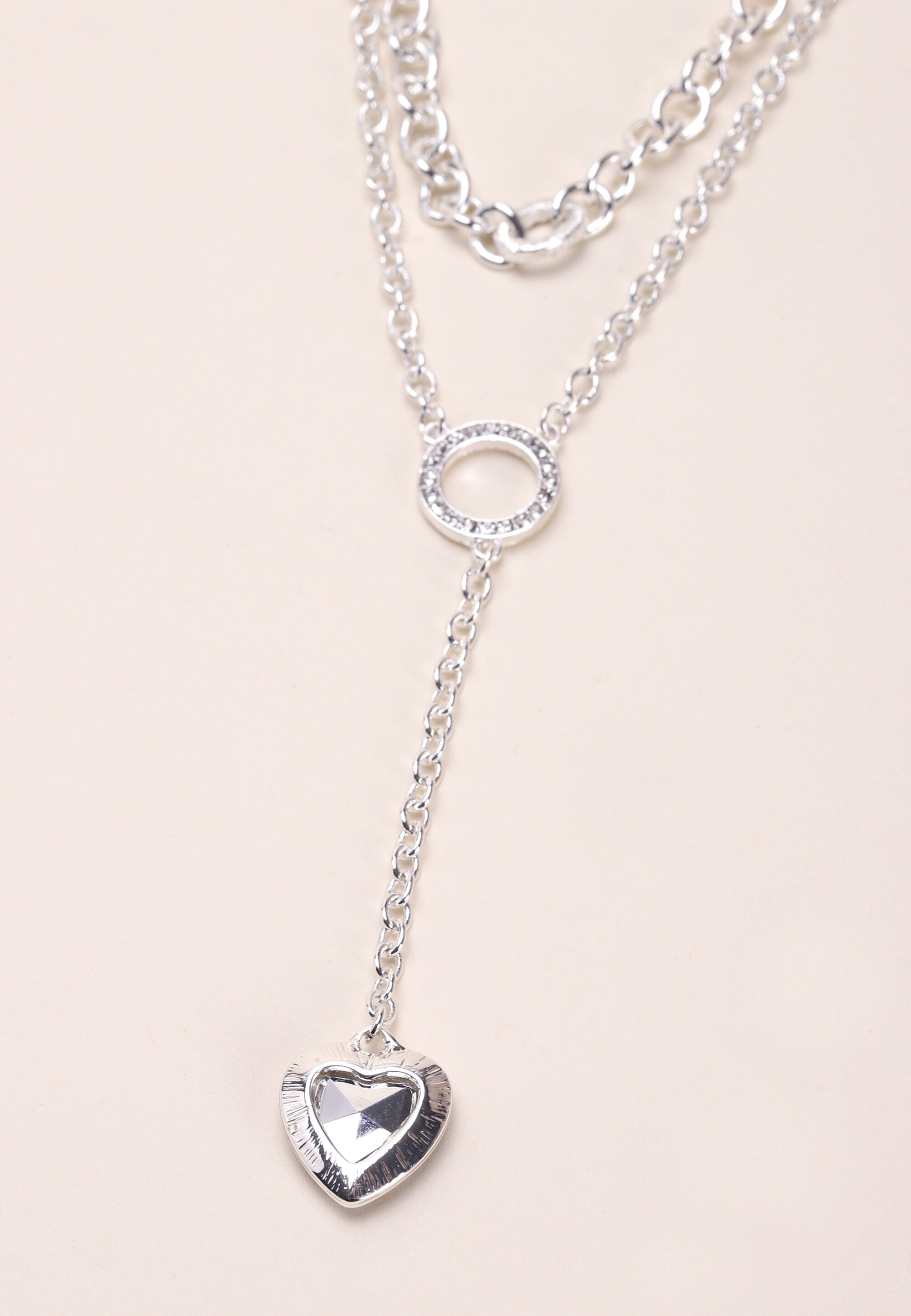 Womens Silver 2 Row Heart Drop Necklace