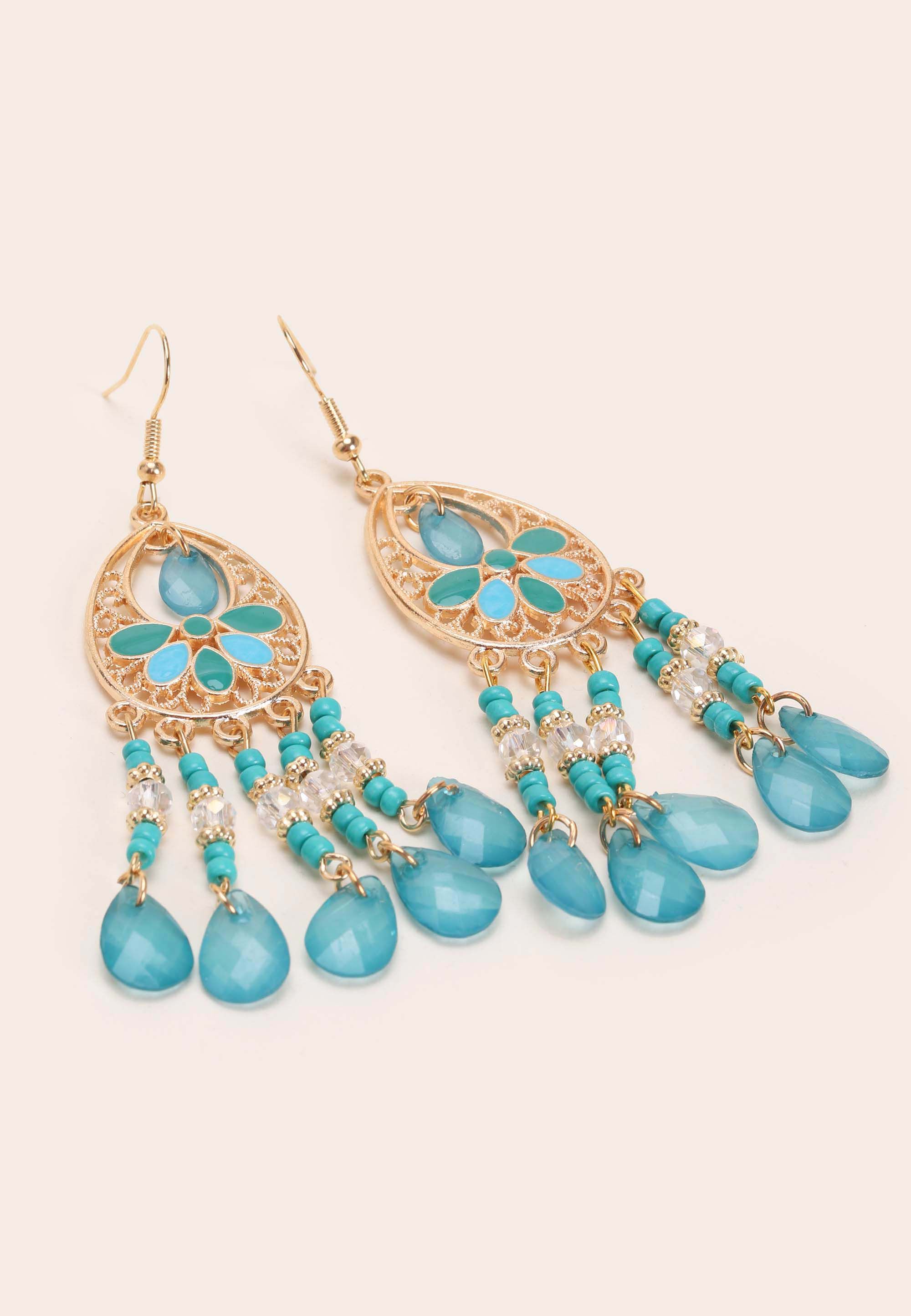 Womens Turquoise & Gold Bead Drop Chandelier Earrings