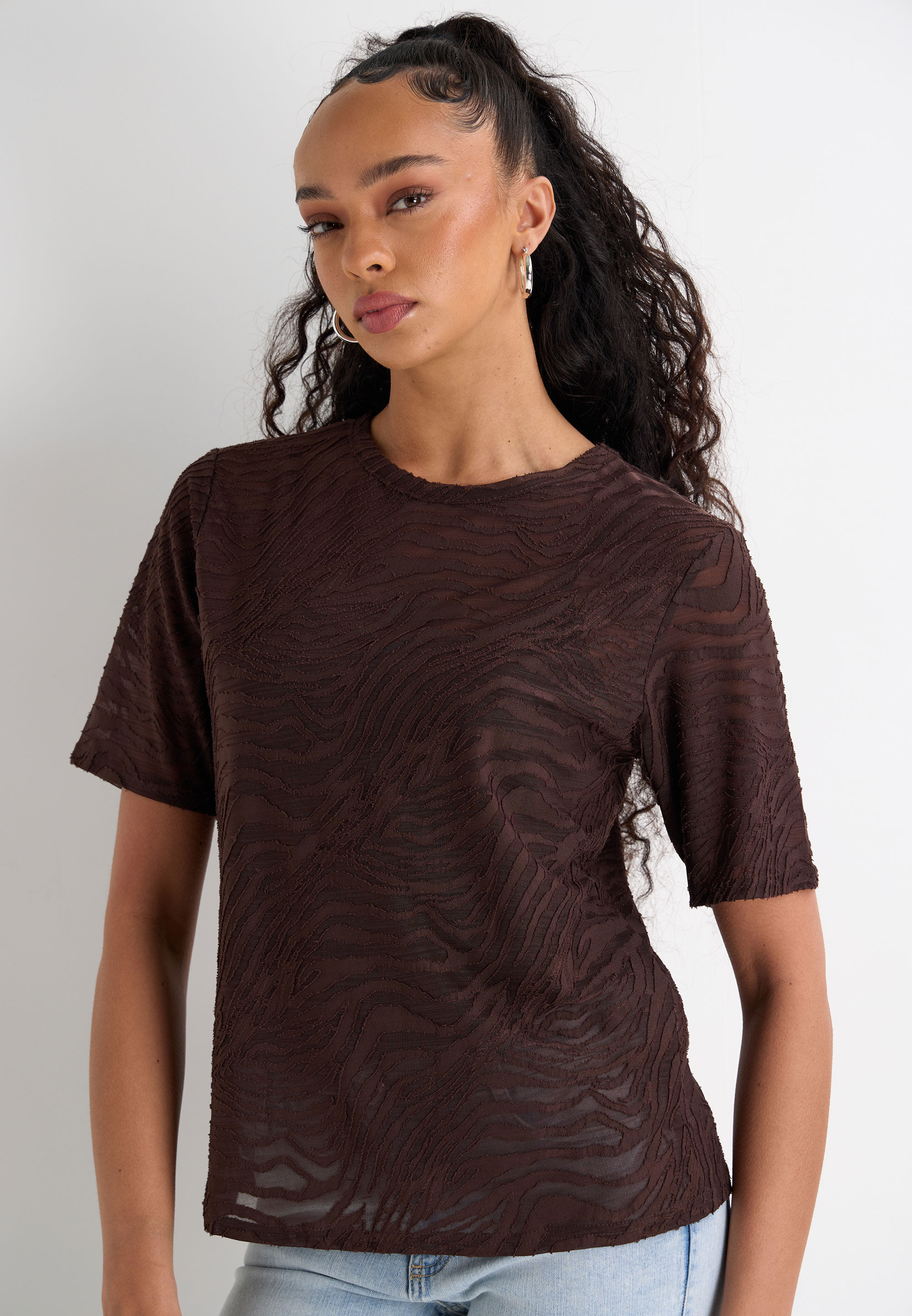 Womens Chocolate Zebra Burnout Short Sleeve Top