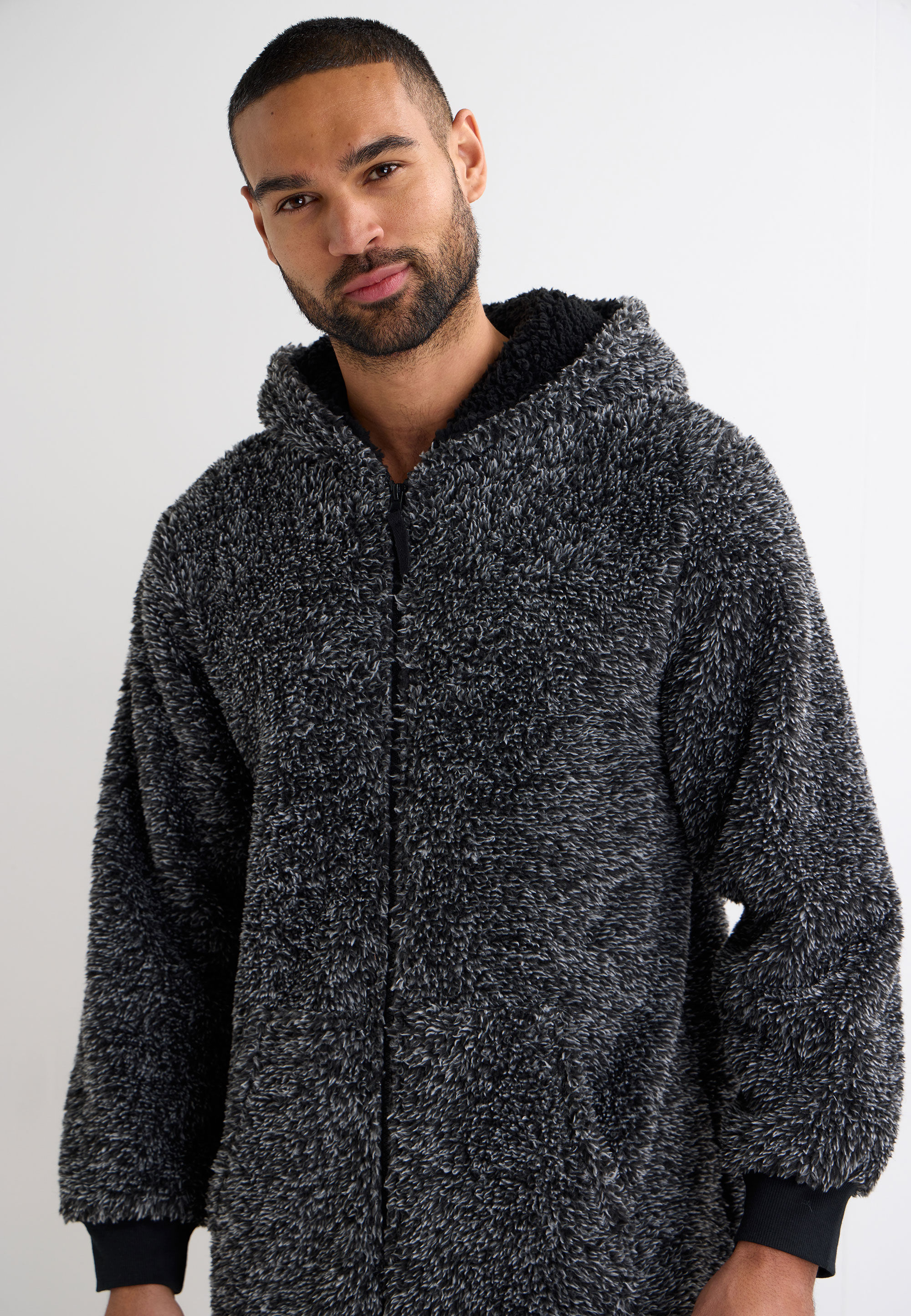 Mens Grey Sherpa Hooded Onesie
