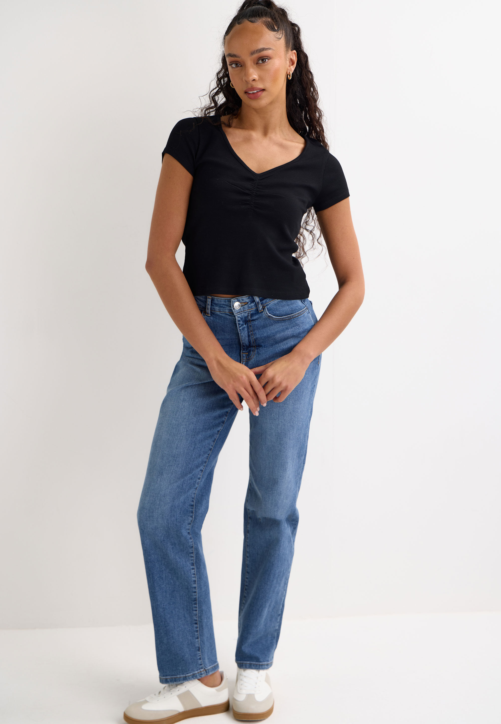 Womens Black Ruched Short Sleeve Top