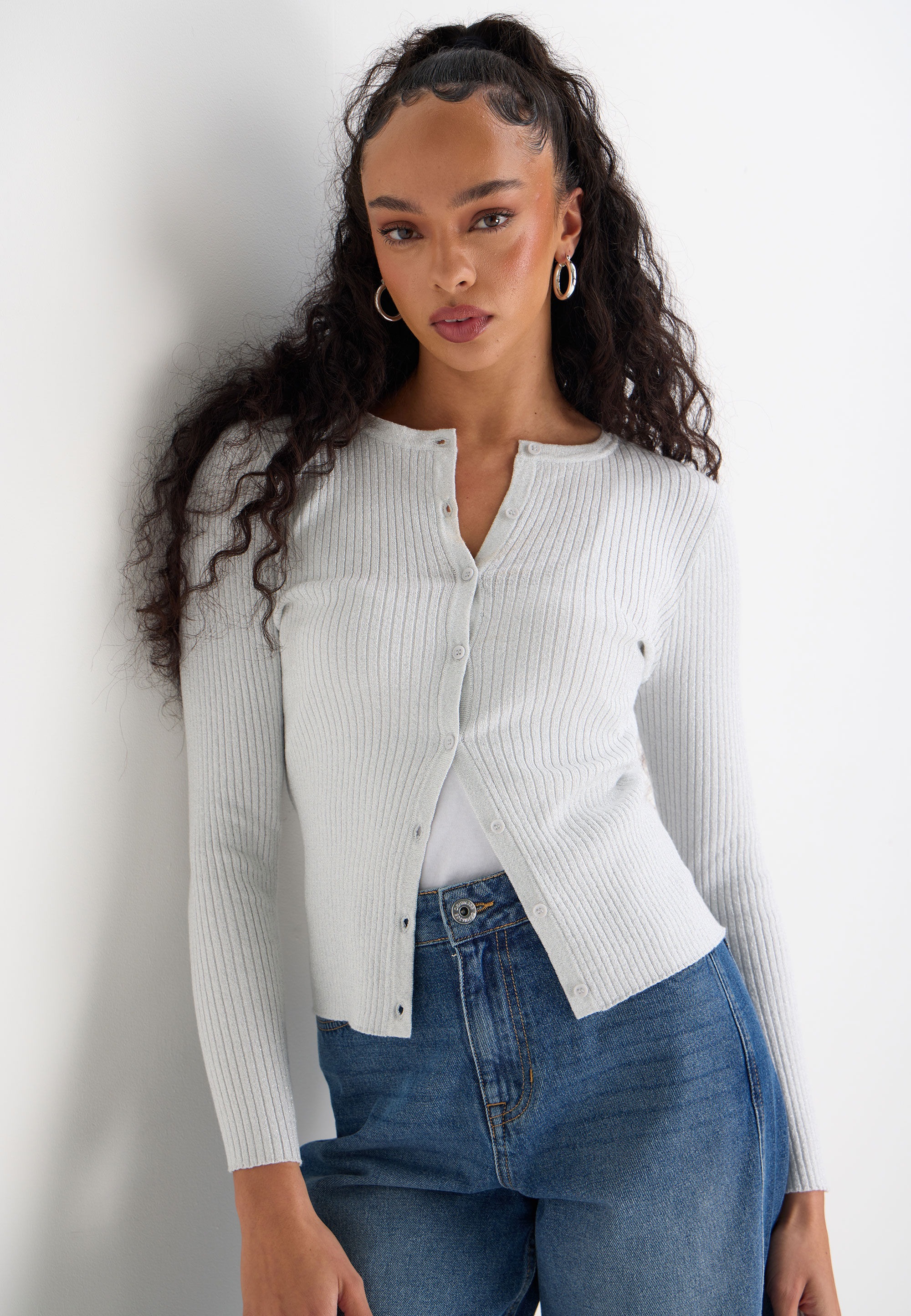 Womens Silver Lurex Crew Neck Cardigan