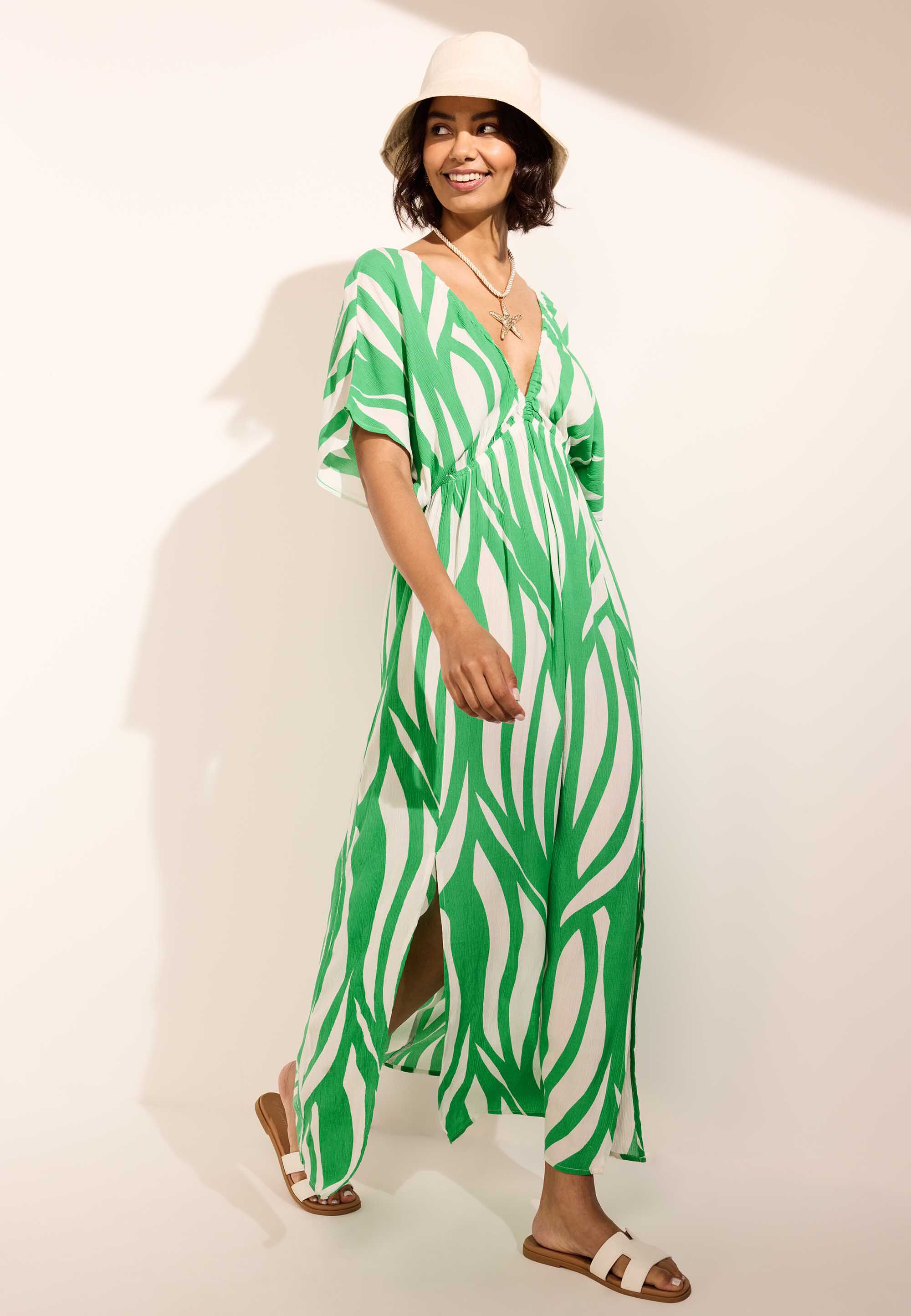 Womens Green & White Patterned Beach Kaftan Dress