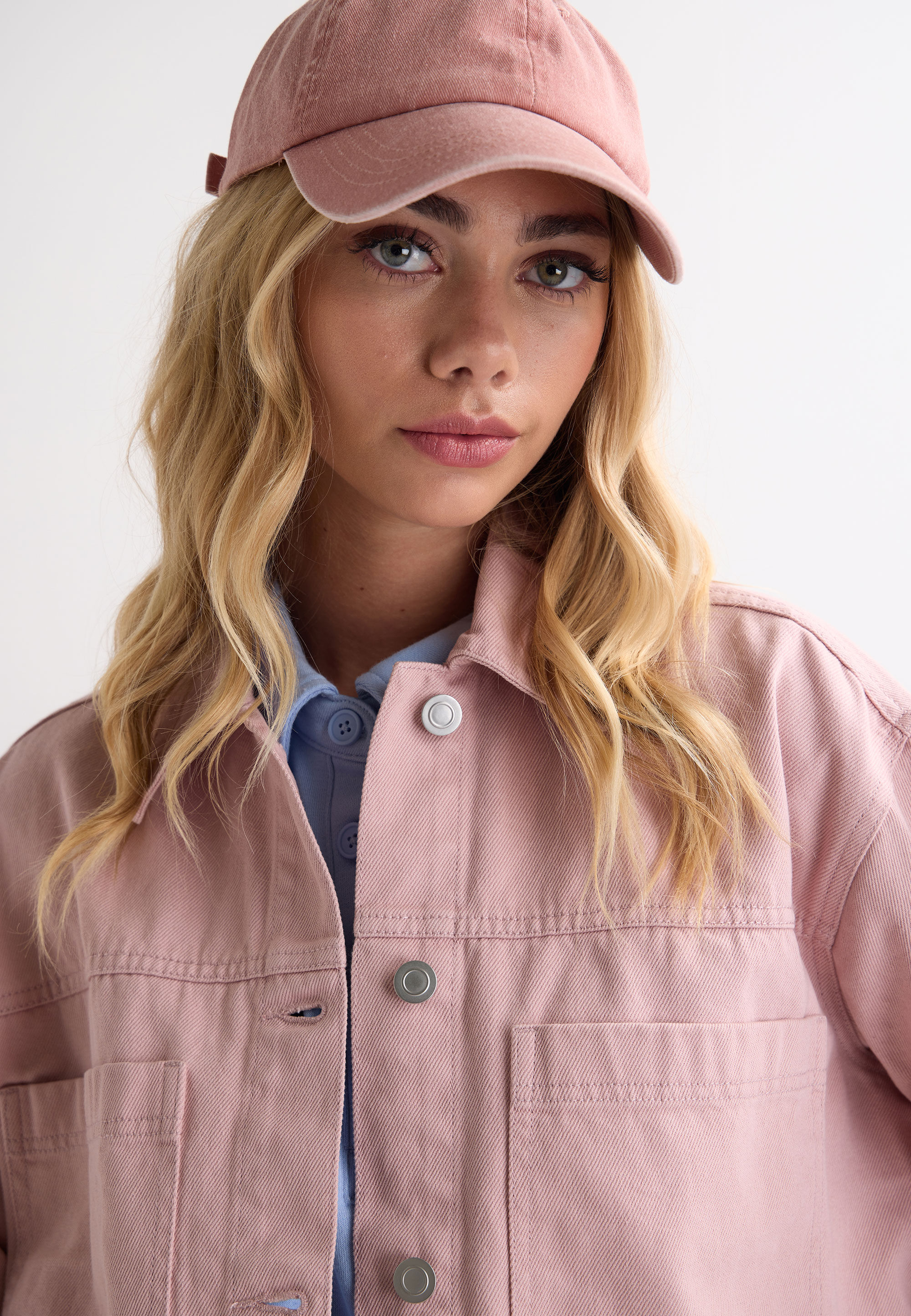 Womens Pink Plain Denim Shirt Jacket
